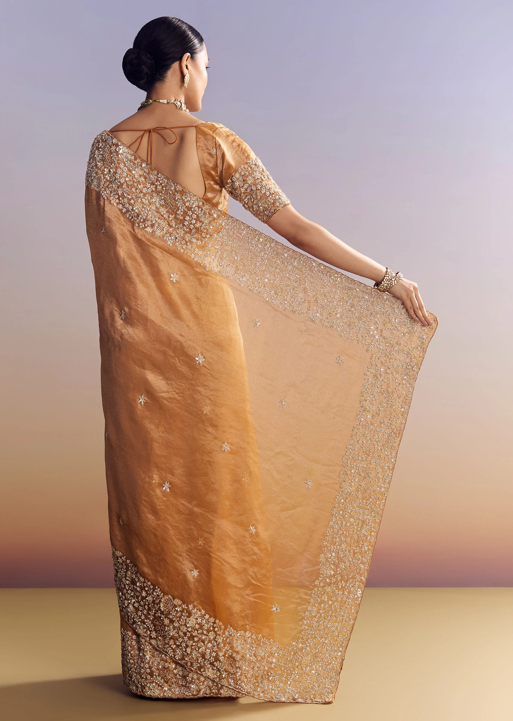 Orange Tissue Saree With Unstitched Heavy Embroidered Border - Image 6