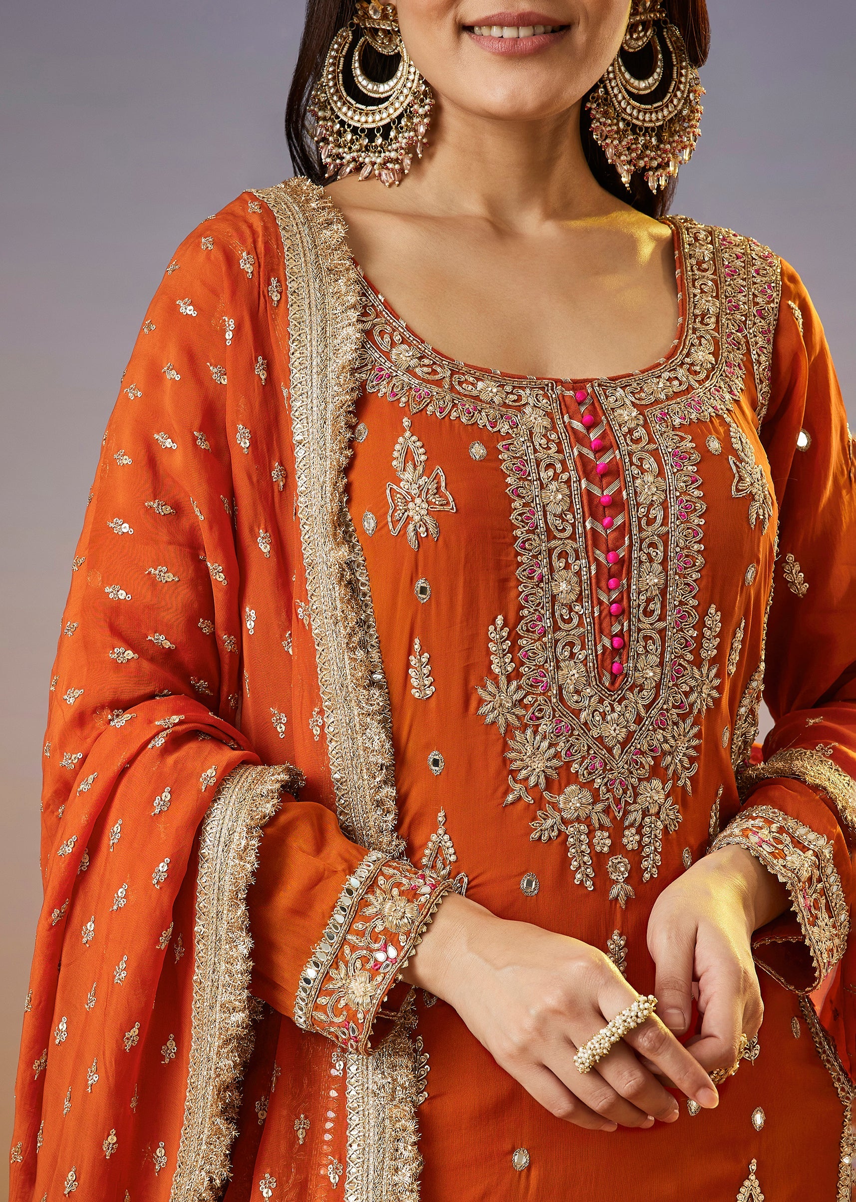 Orange Zardosi Sharara Suit With Organza Dupatta - Image 2