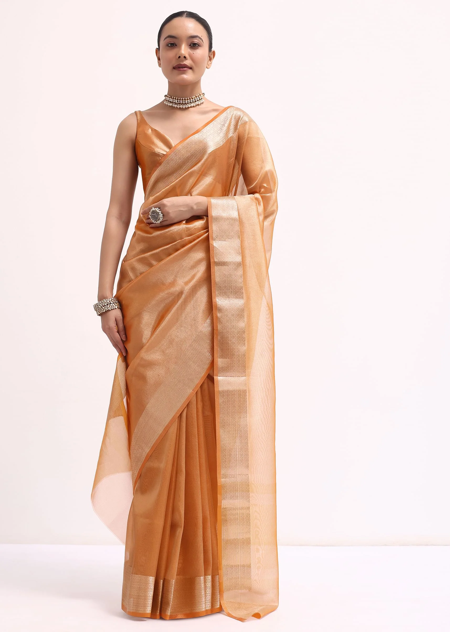 Orangish Gold Zari Chanderi Silk Saree With Unstitched Blouse - Image 2