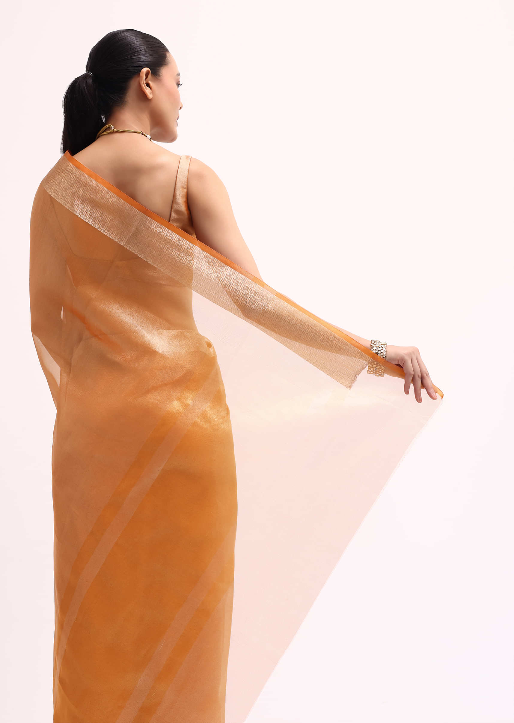 Orangish Gold Zari Chanderi Silk Saree With Unstitched Blouse - Image 3