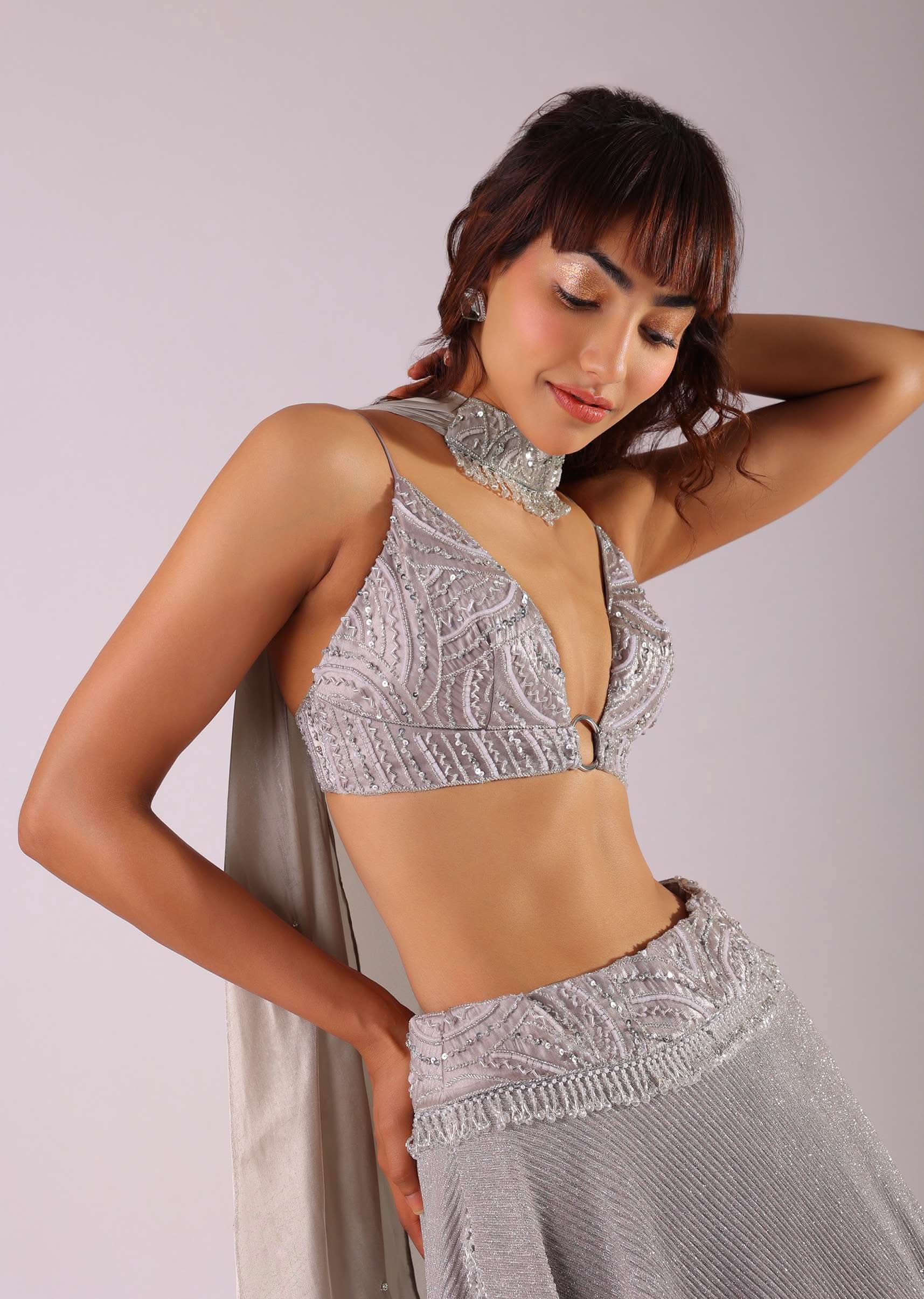 Oyster Grey Embroidered Lehenga Set In Knit With Choker Dupatta - Image 4