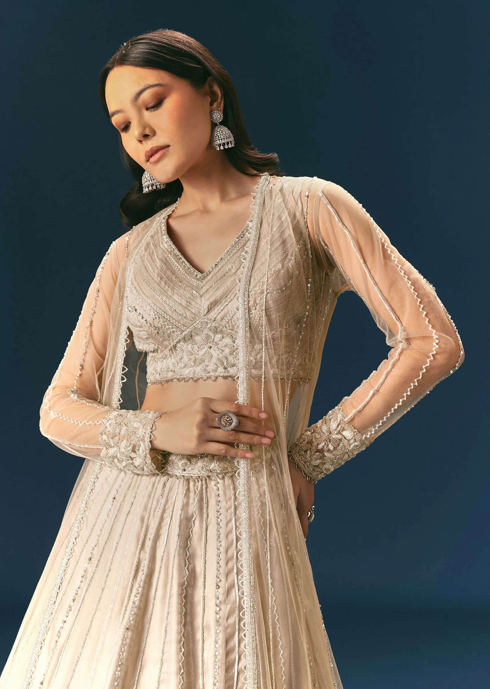 Oyster Lehenga Set In Organza With Jacket - Image 2