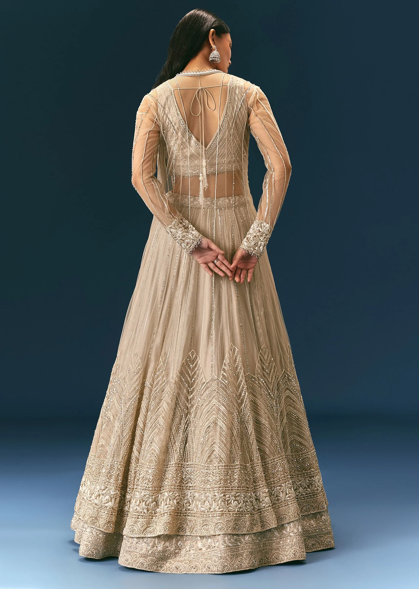 Oyster Lehenga Set In Organza With Jacket - Image 5