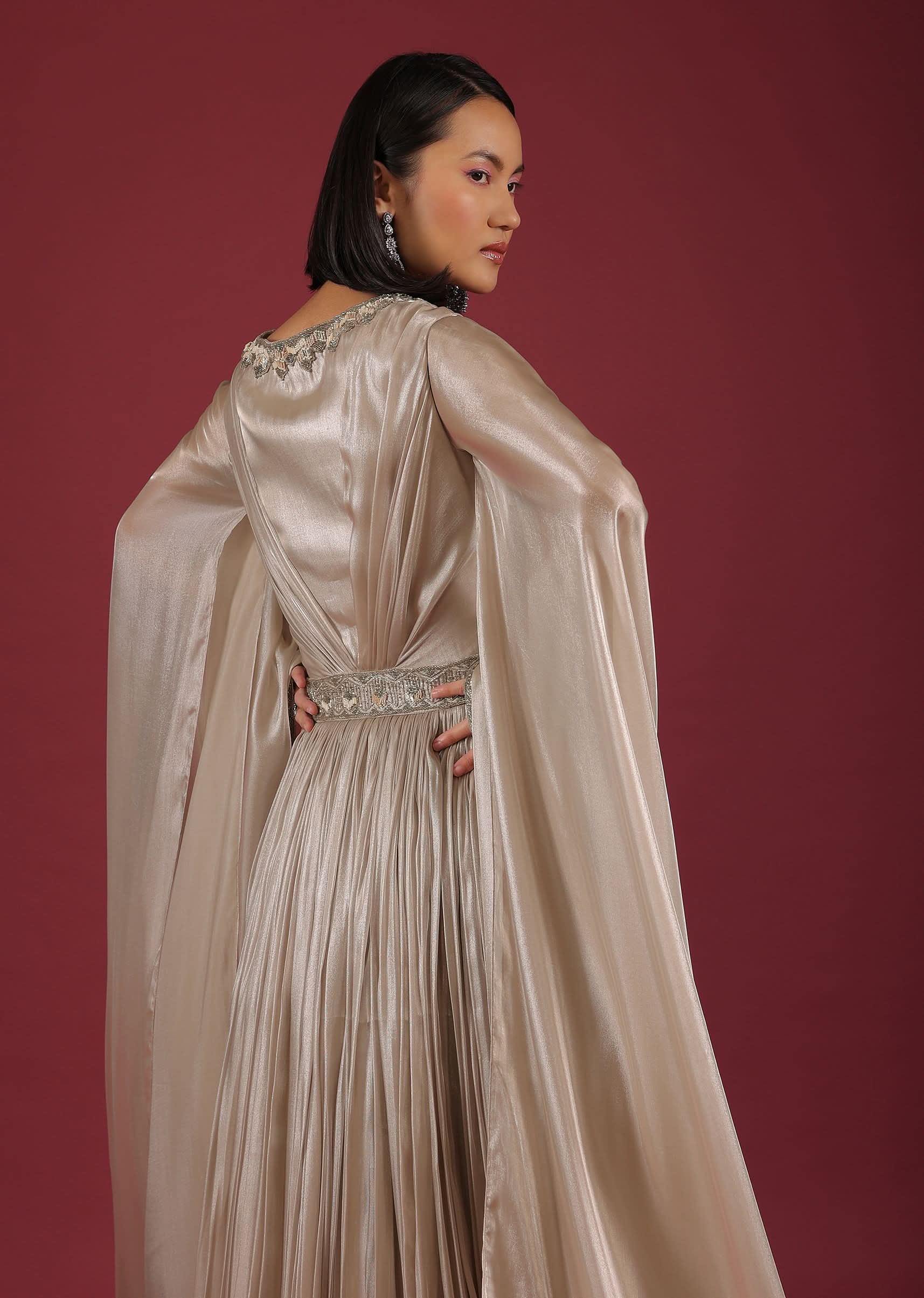 Oyster Organza Gown In Wide Sleeves, Crafted In Tissue Organza In A Deep V Neckline - Image 10