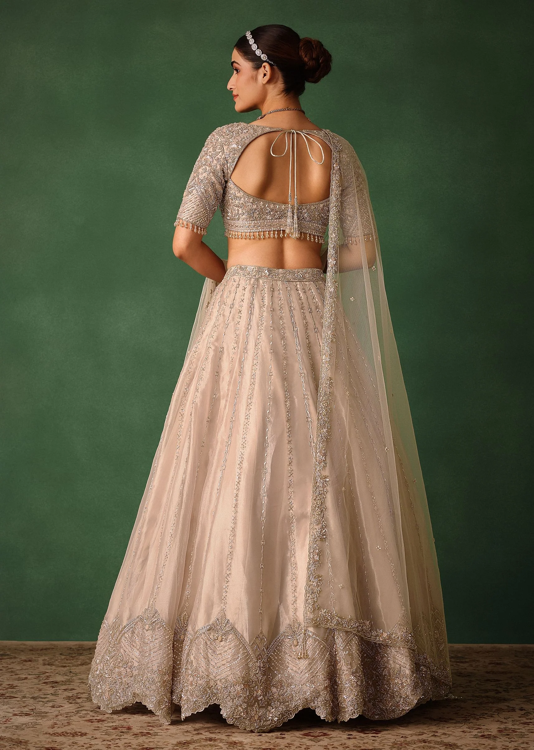 Oyster Pink Hand Embroidered Organza Lehenga Set - Image 6