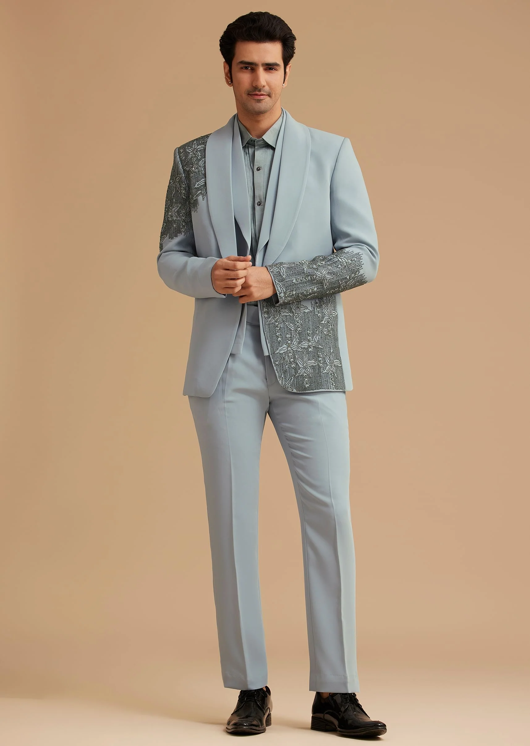 Pale Blue Cotton Satin Tuxedo With Cut Dana Embellishments - Image 4