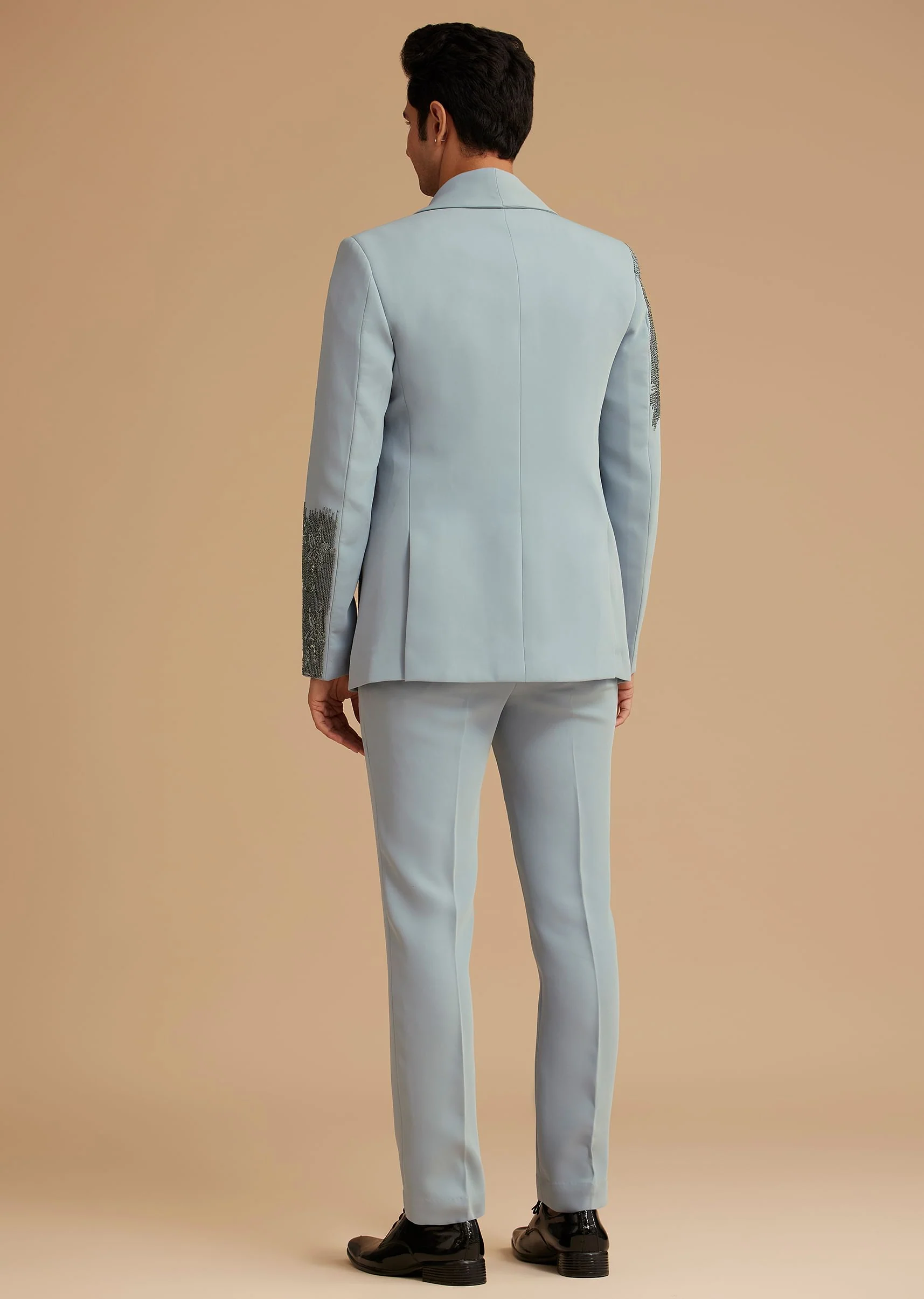 Pale Blue Cotton Satin Tuxedo With Cut Dana Embellishments - Image 5