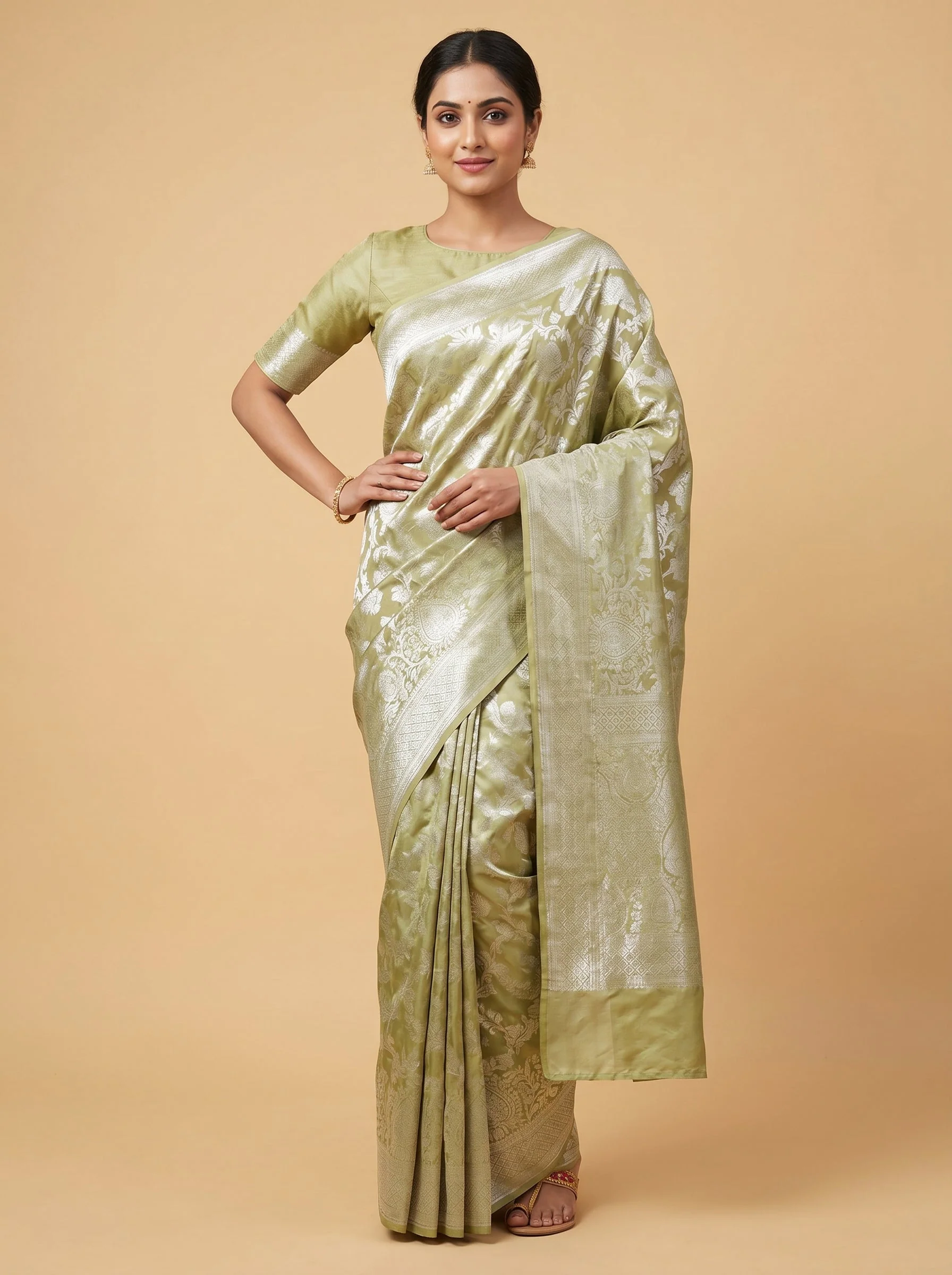 Parrot Green Bright Thread Handloom Saree