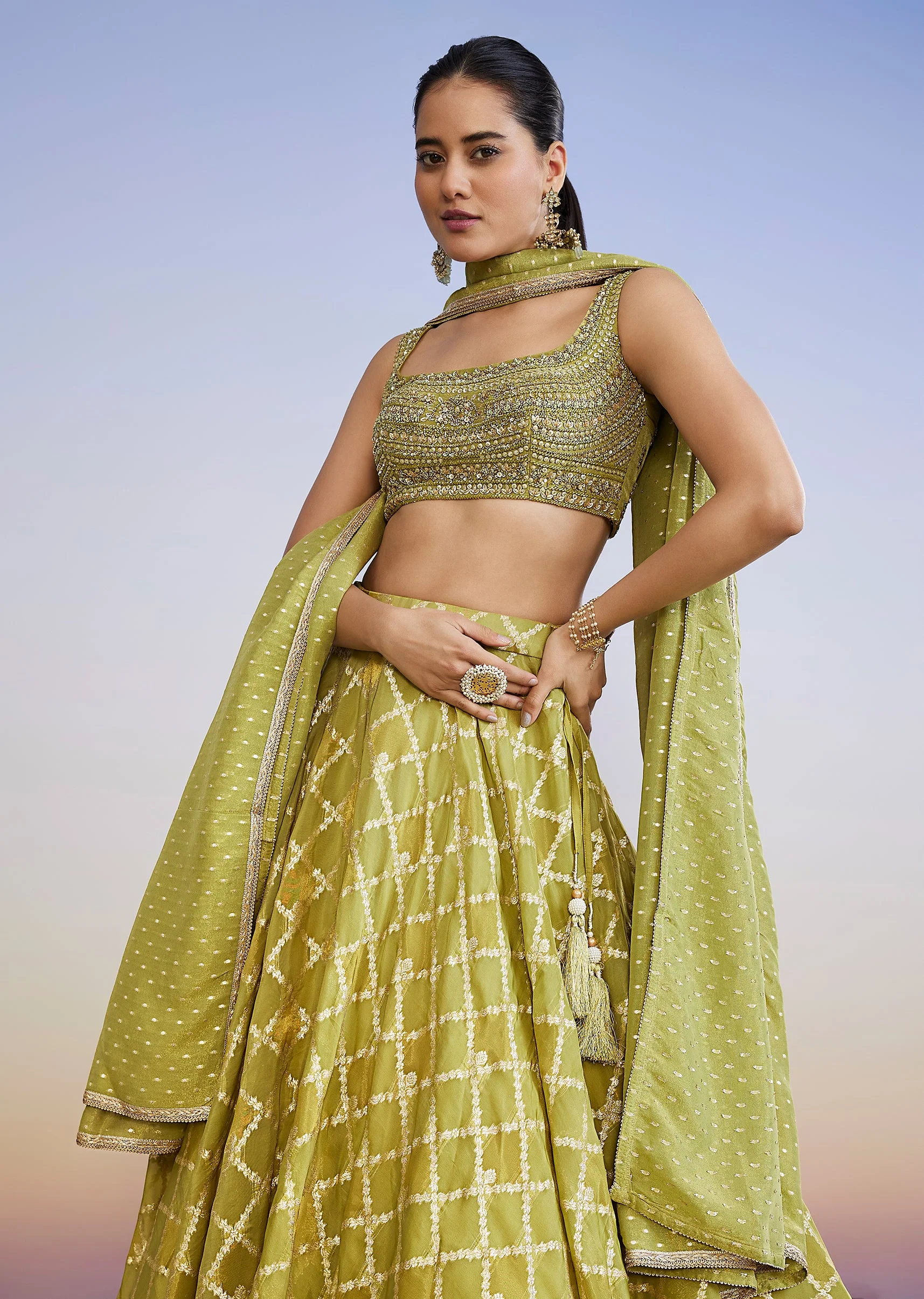 Parrot Green Organza Lehenga - Image 5