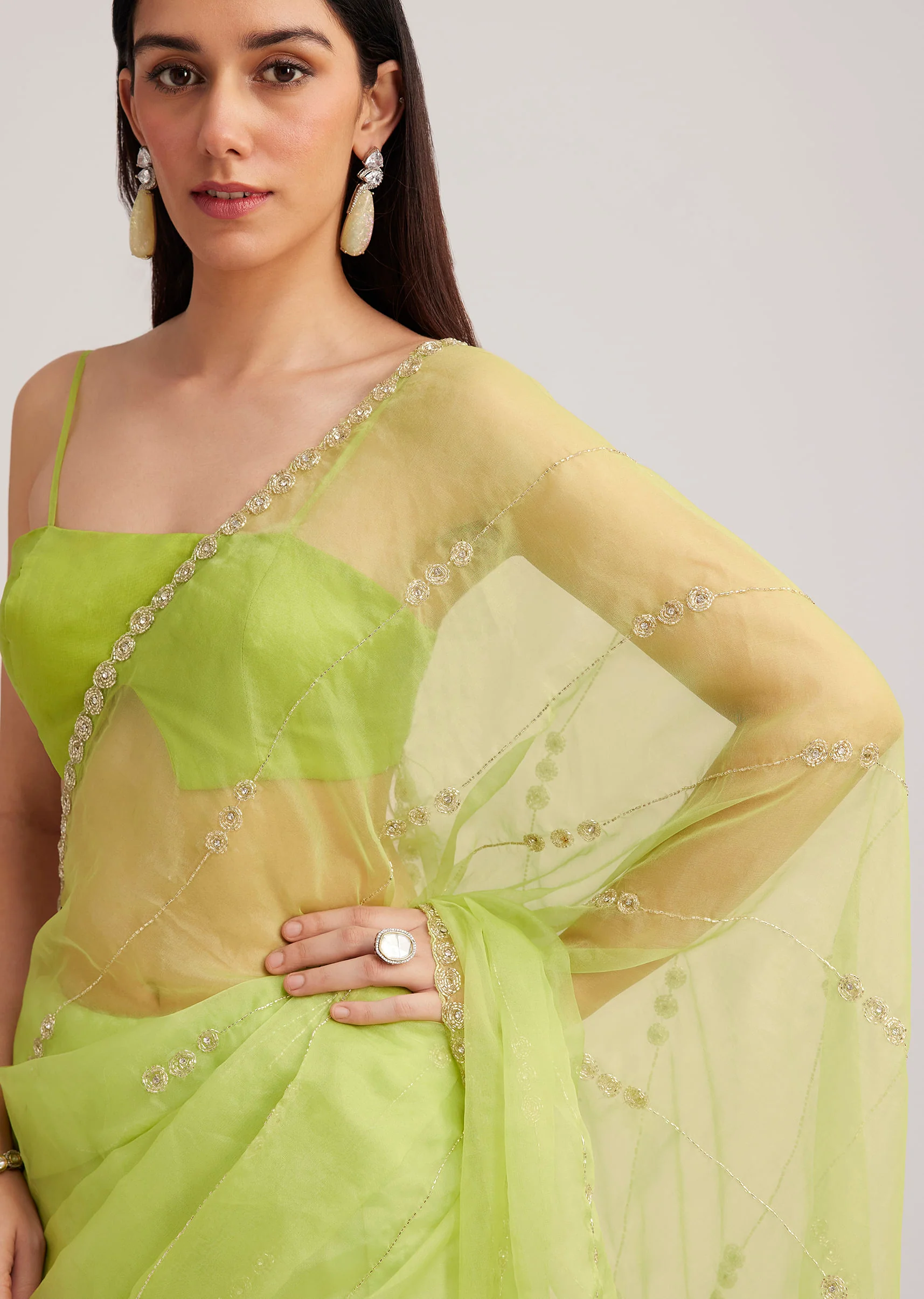 Parrot Green Organza Saree With Cutdana Embroidery - Image 3
