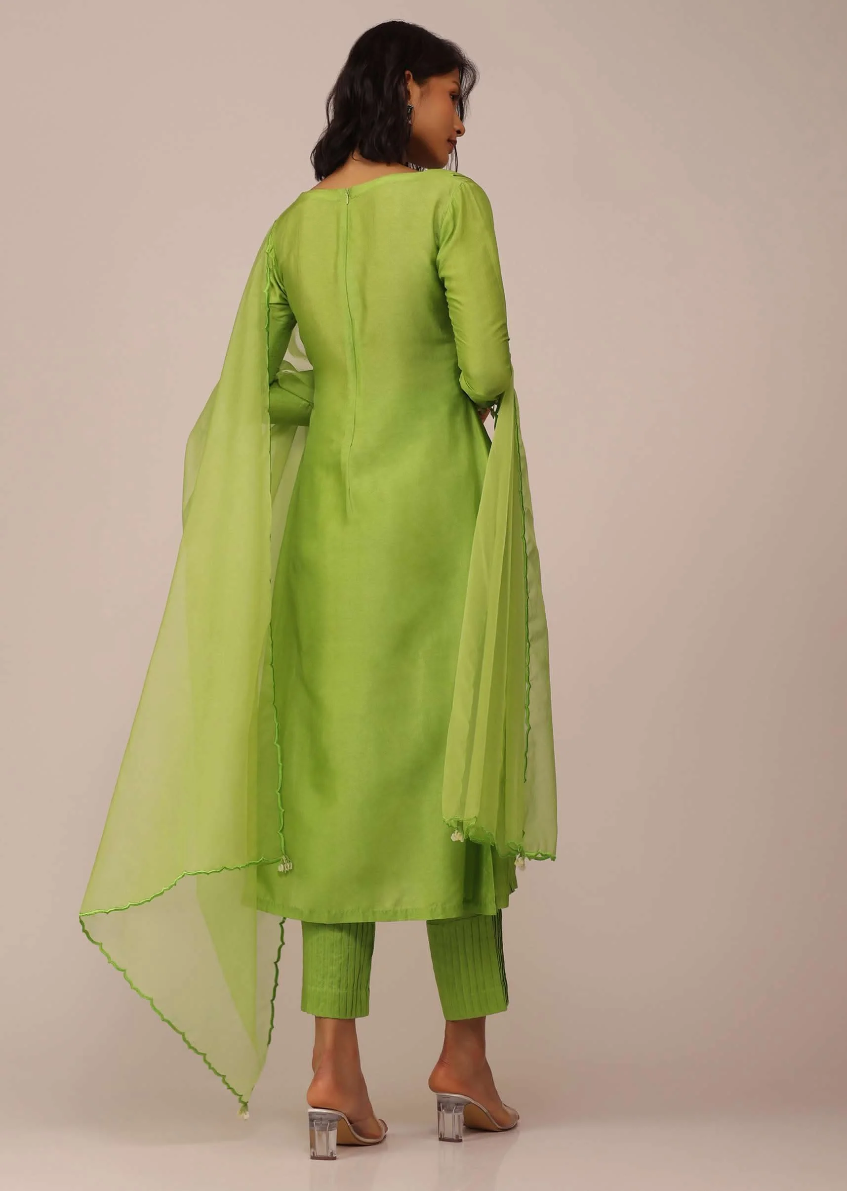 Parrot Green Suit Set In Art Silk With Tassels On The Sleeves - Image 5