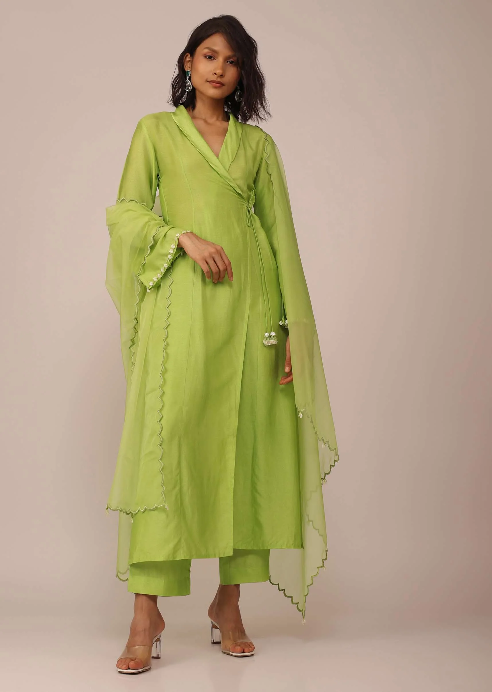 Parrot Green Suit Set In Art Silk With Tassels On The Sleeves And Dupatta - Image 3