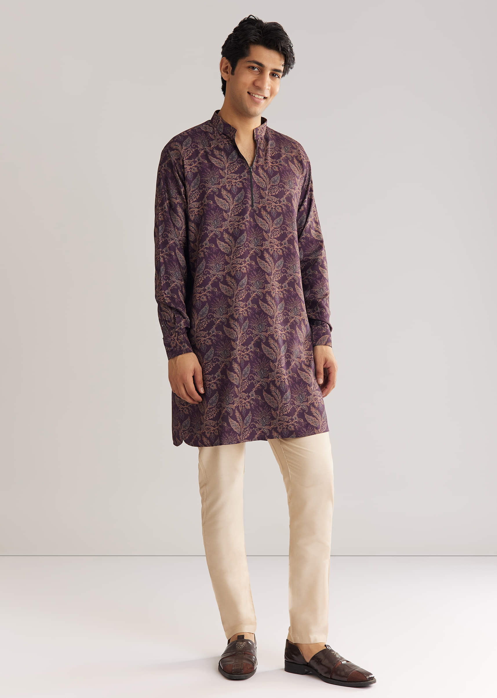 Pashmina Zipper Kurta Pant Set In Purple - Image 4