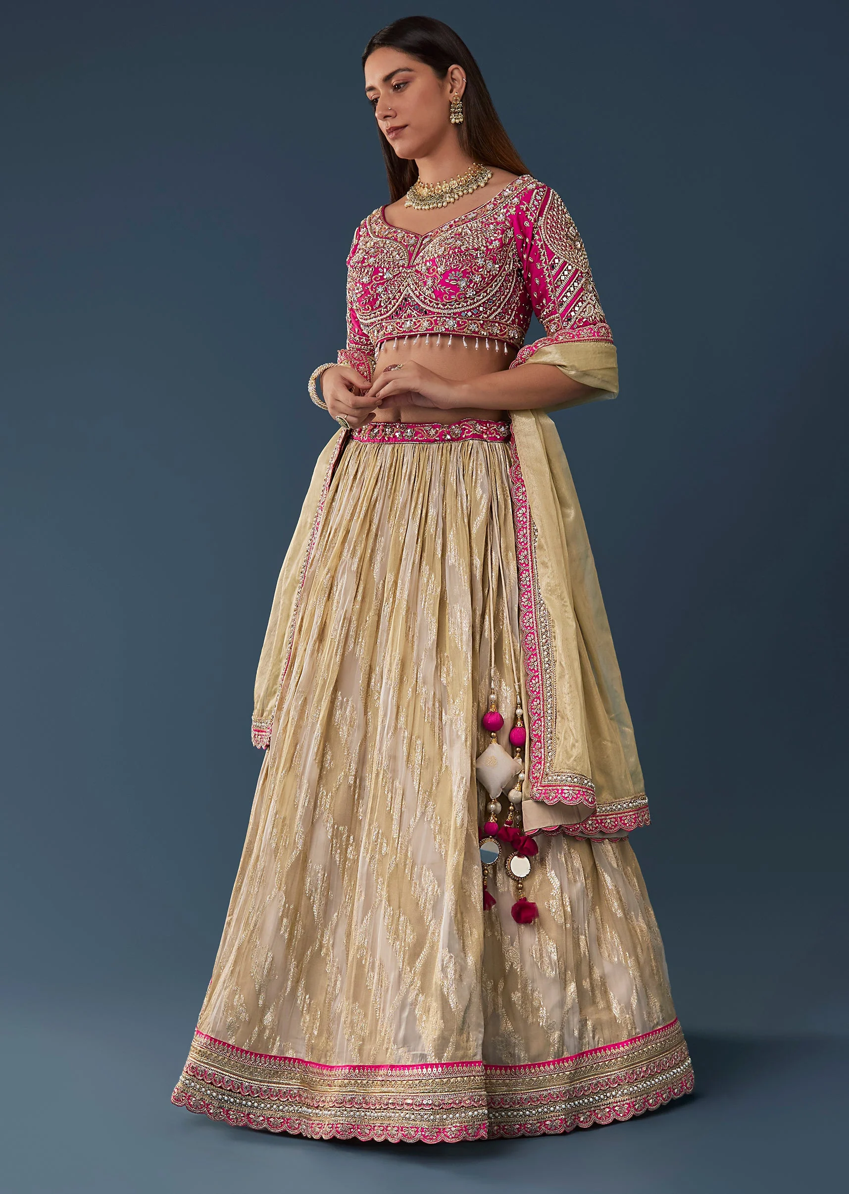 Pastel Beige Pink Mirror Work Lehenga Set With V Neck Half Sleeve And Choli - Image 4