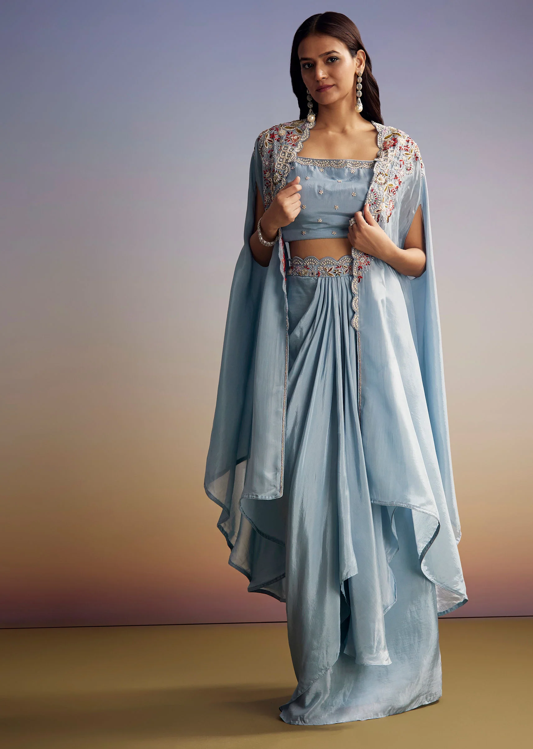 Pastel Blue Crop Top Skirt Set With Embroidered Cape Overlay - Image 4