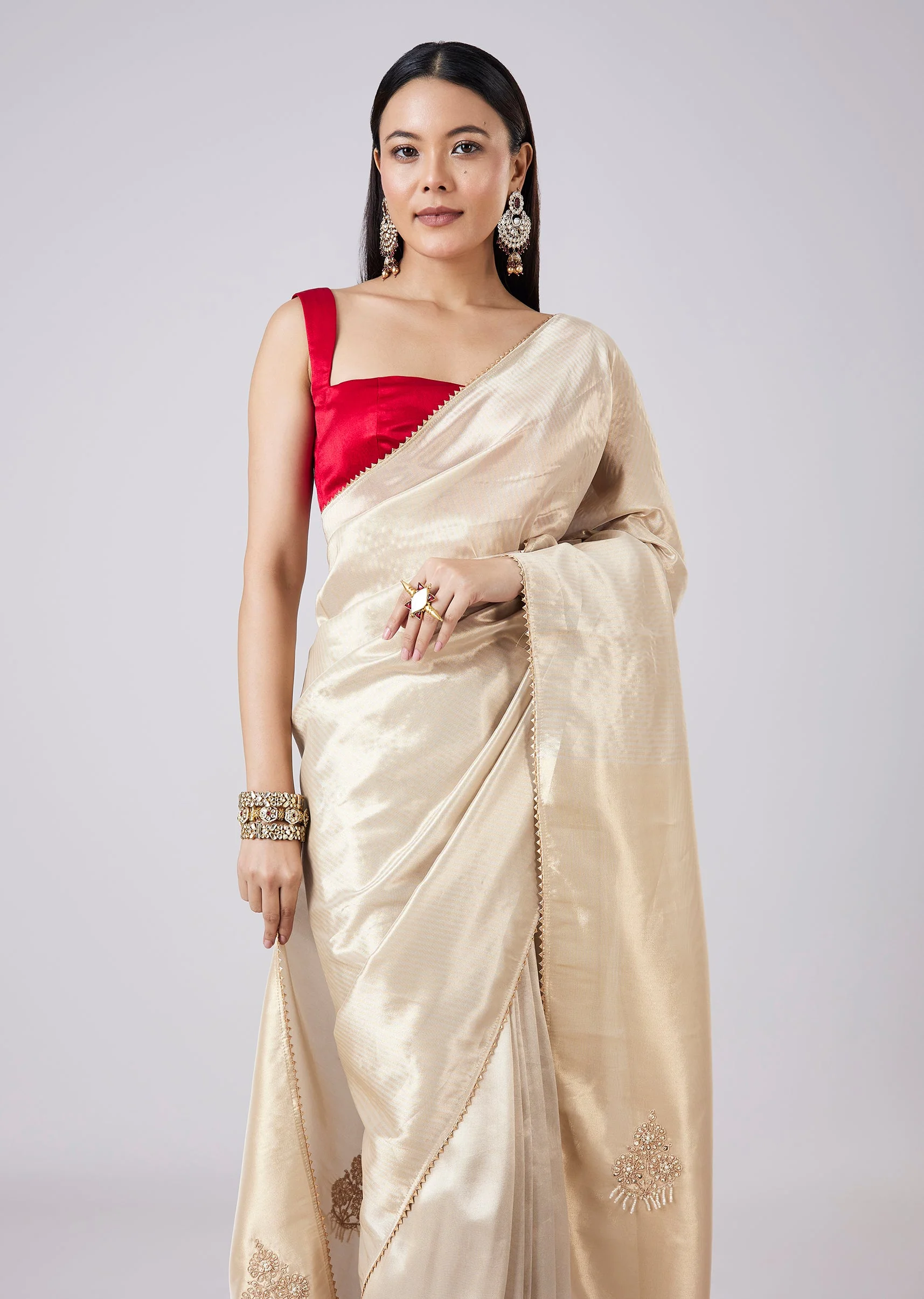 Pastel Cream Saree with Blouse - Image 5