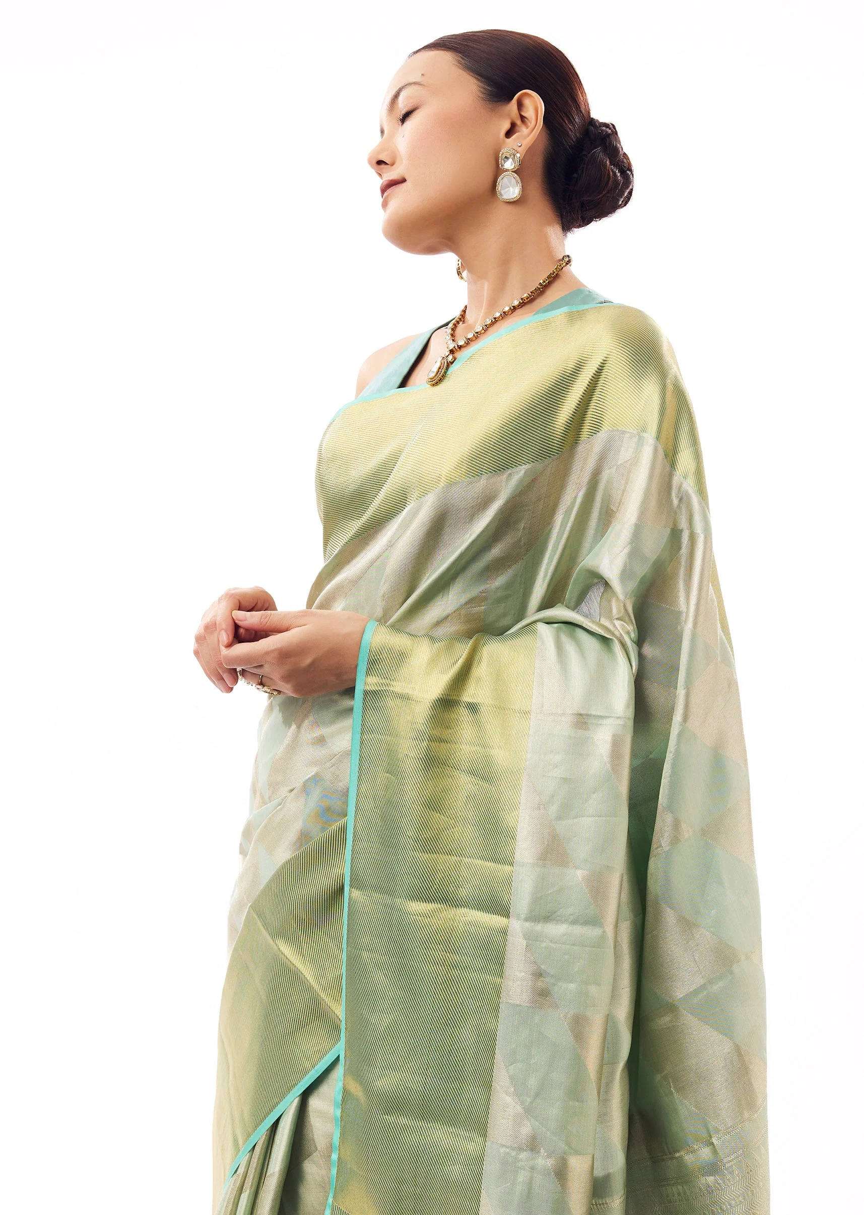 Pastel Green Silk Woven Saree With Geometric Weave - Image 5