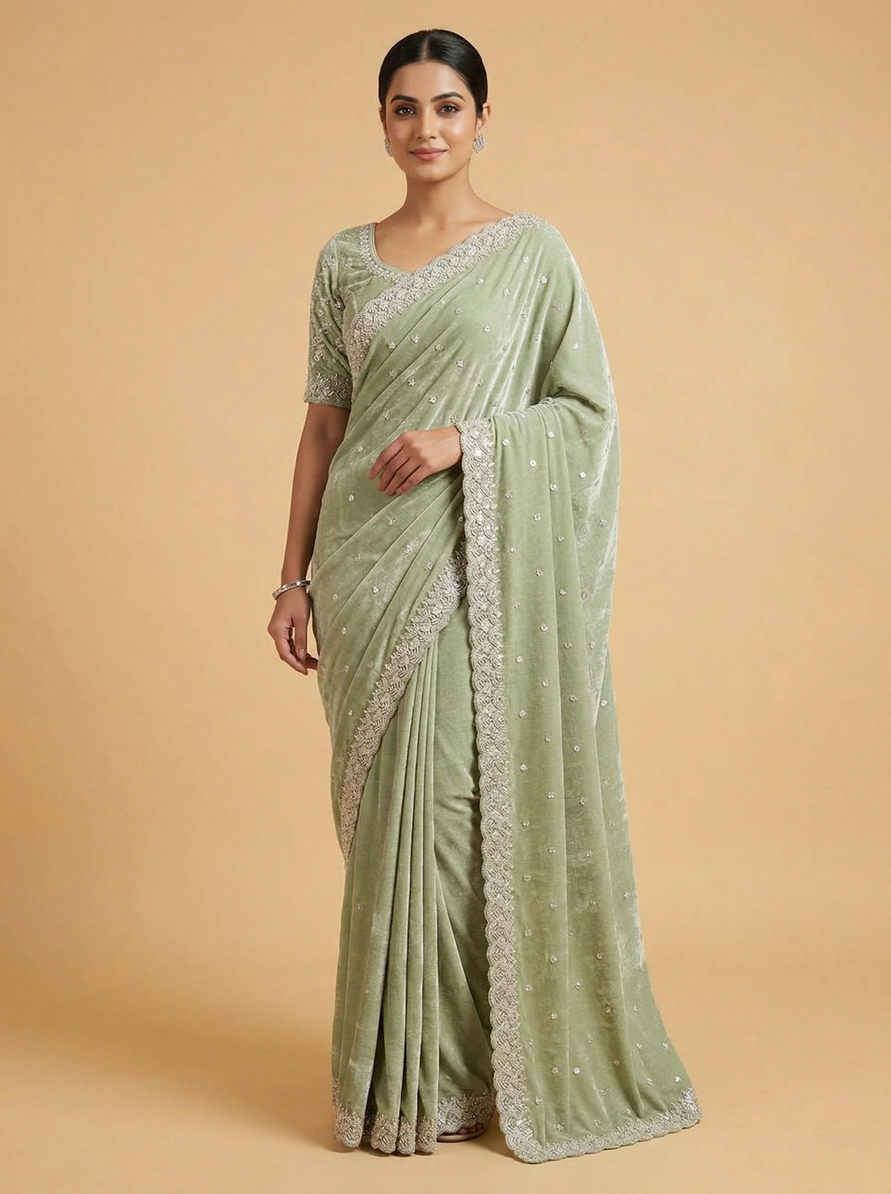 Pastel Meadow Green Embroidered Saree