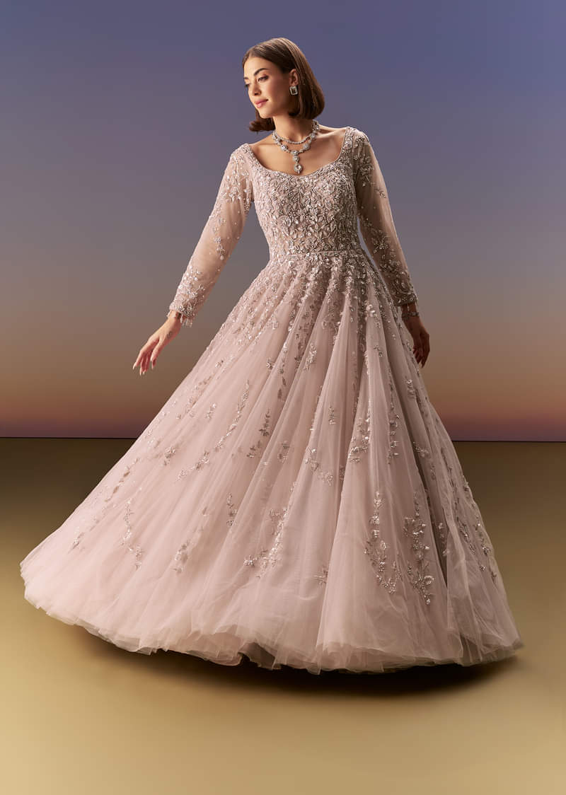 Pastel Pink Embroidered Gown With Full Sleeves - Image 4