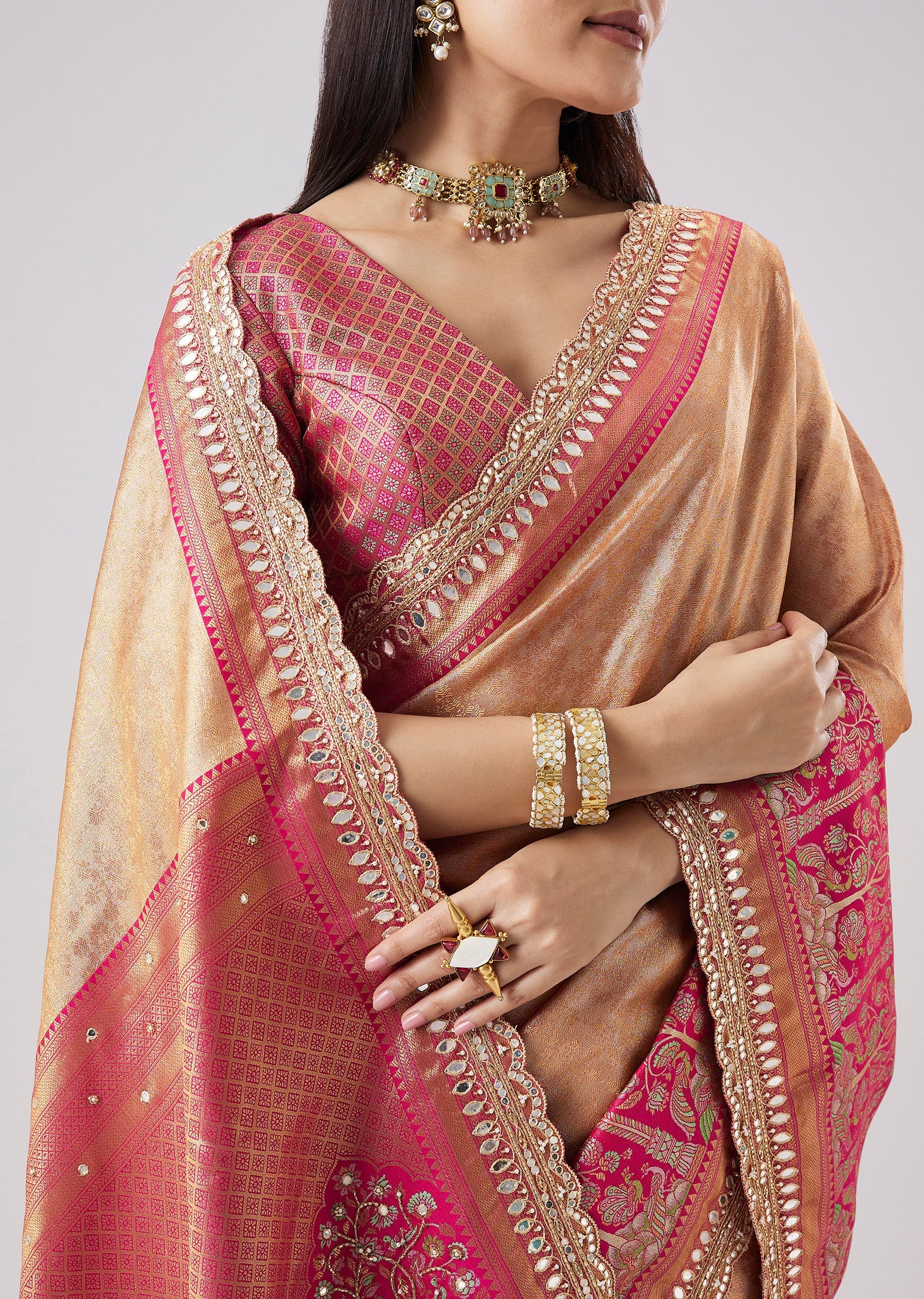 Pastel Pink Embroidered Saree With Unstitched Blouse - Image 2