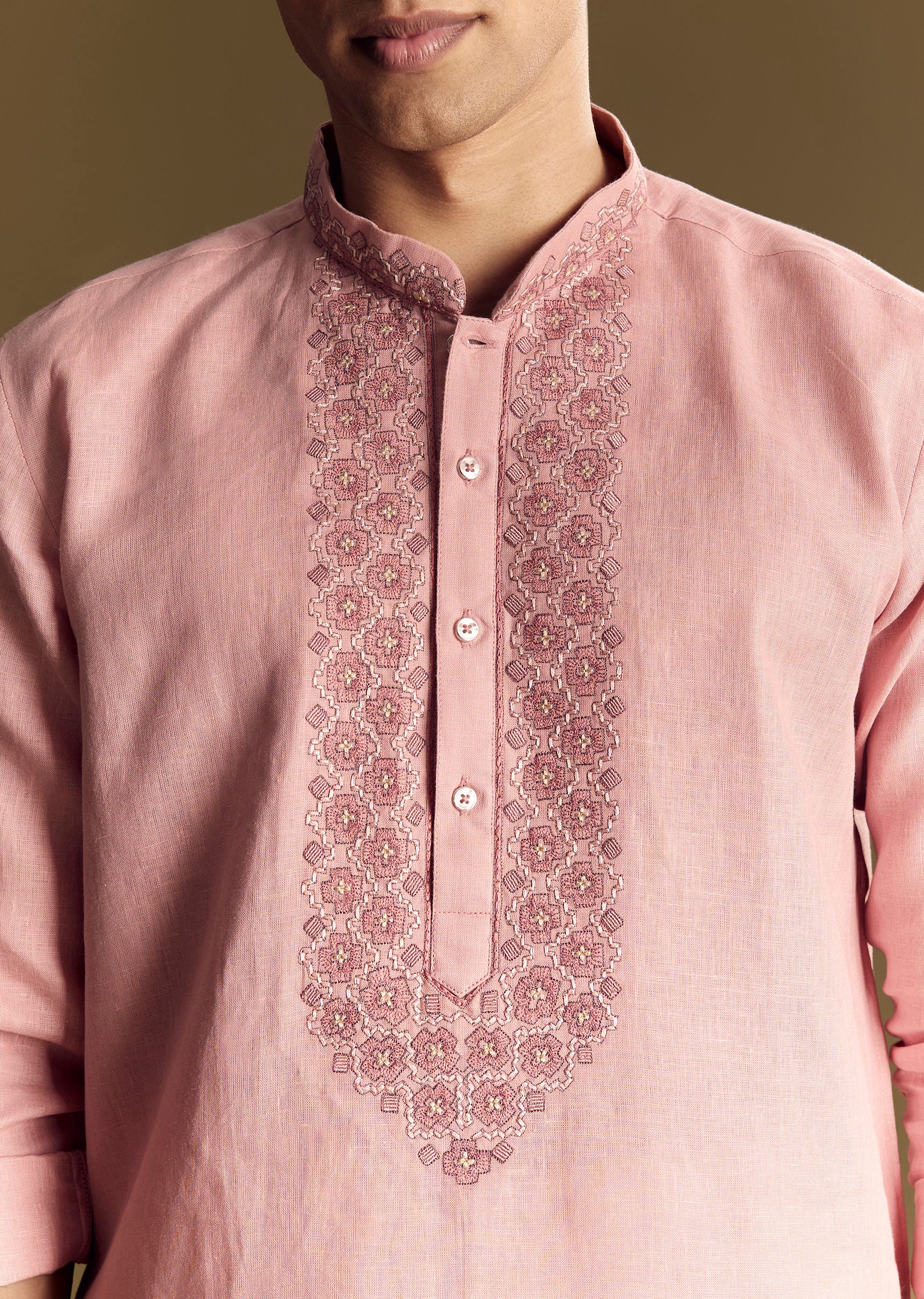 Pastel Pink Linen Kurta Set - Image 3