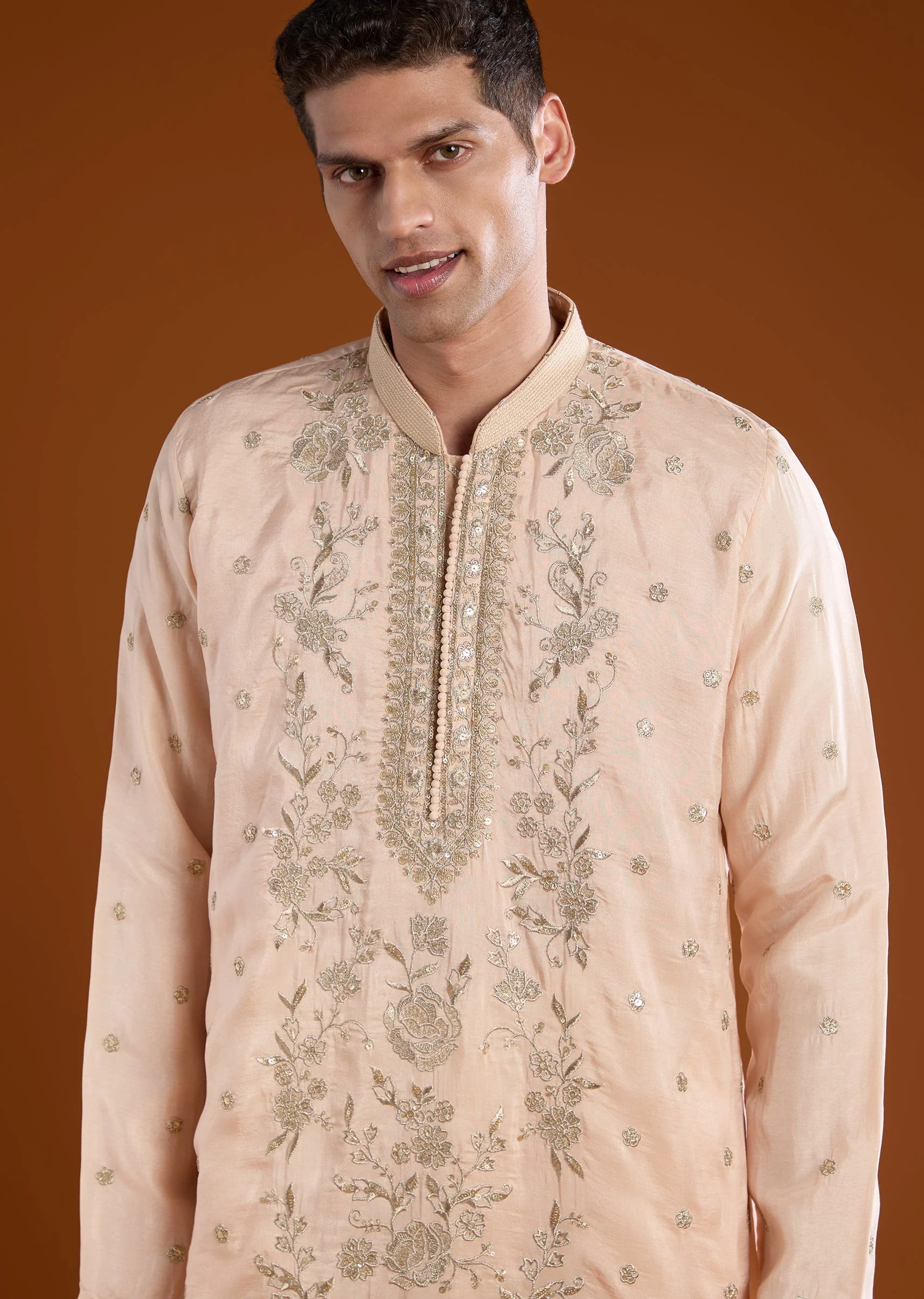 Peach All Over Hand Embroidered Rawsilk Kurta Pant Set - Image 2