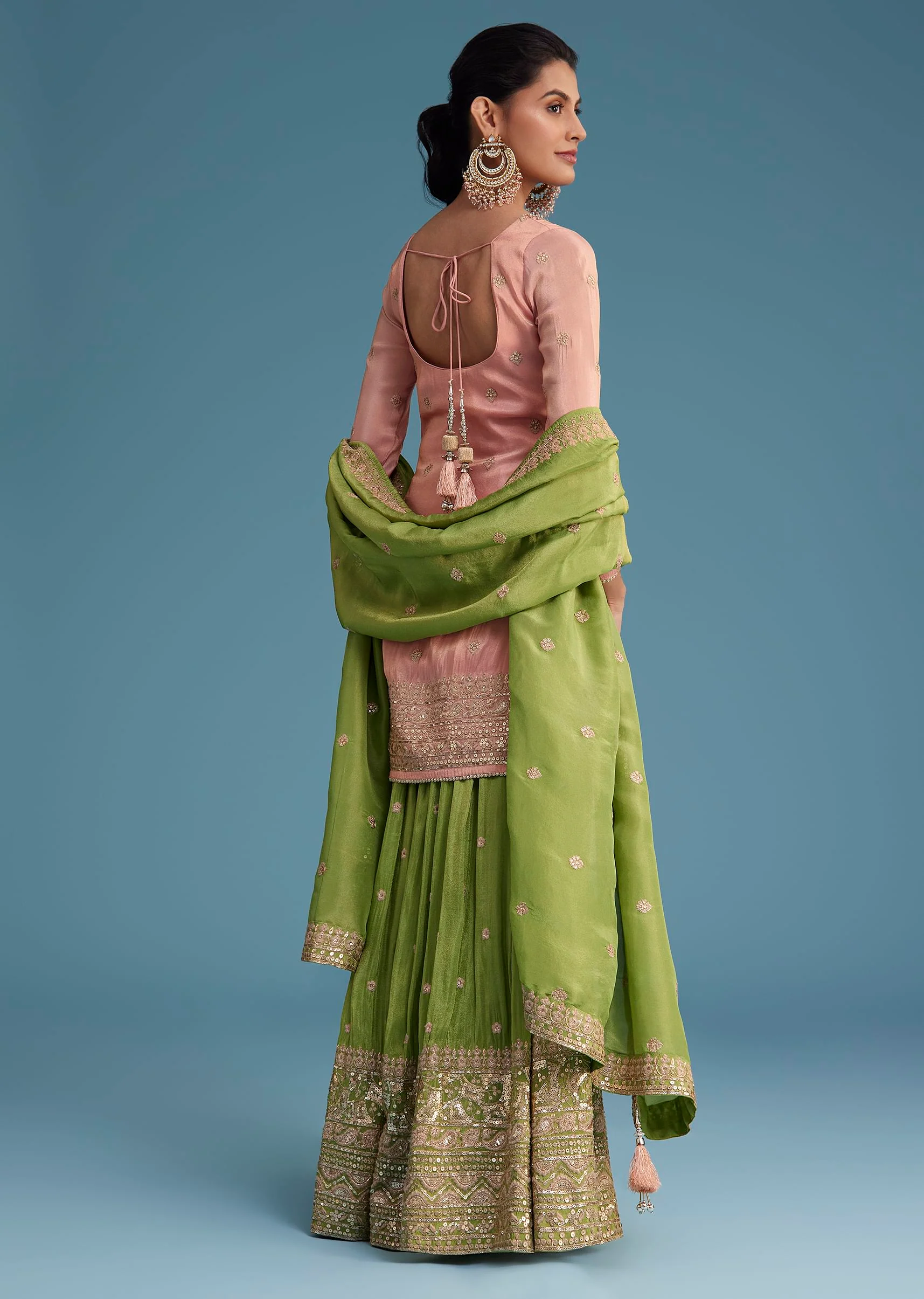 Peach And Green Tissue Palazzo Set With Zardosi And Sequins Work - Image 5