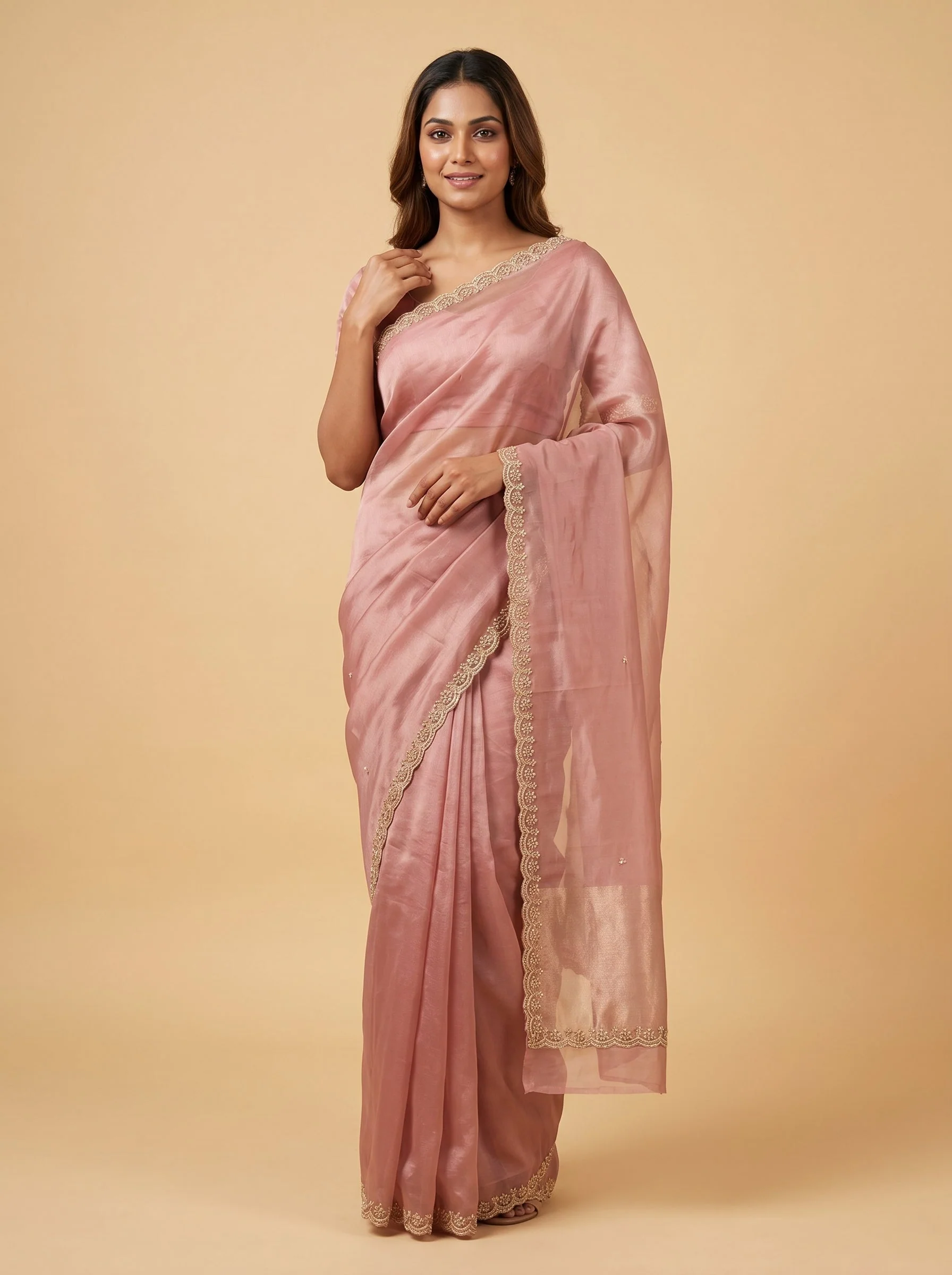 Peach Apricot Grace Embroidered Saree