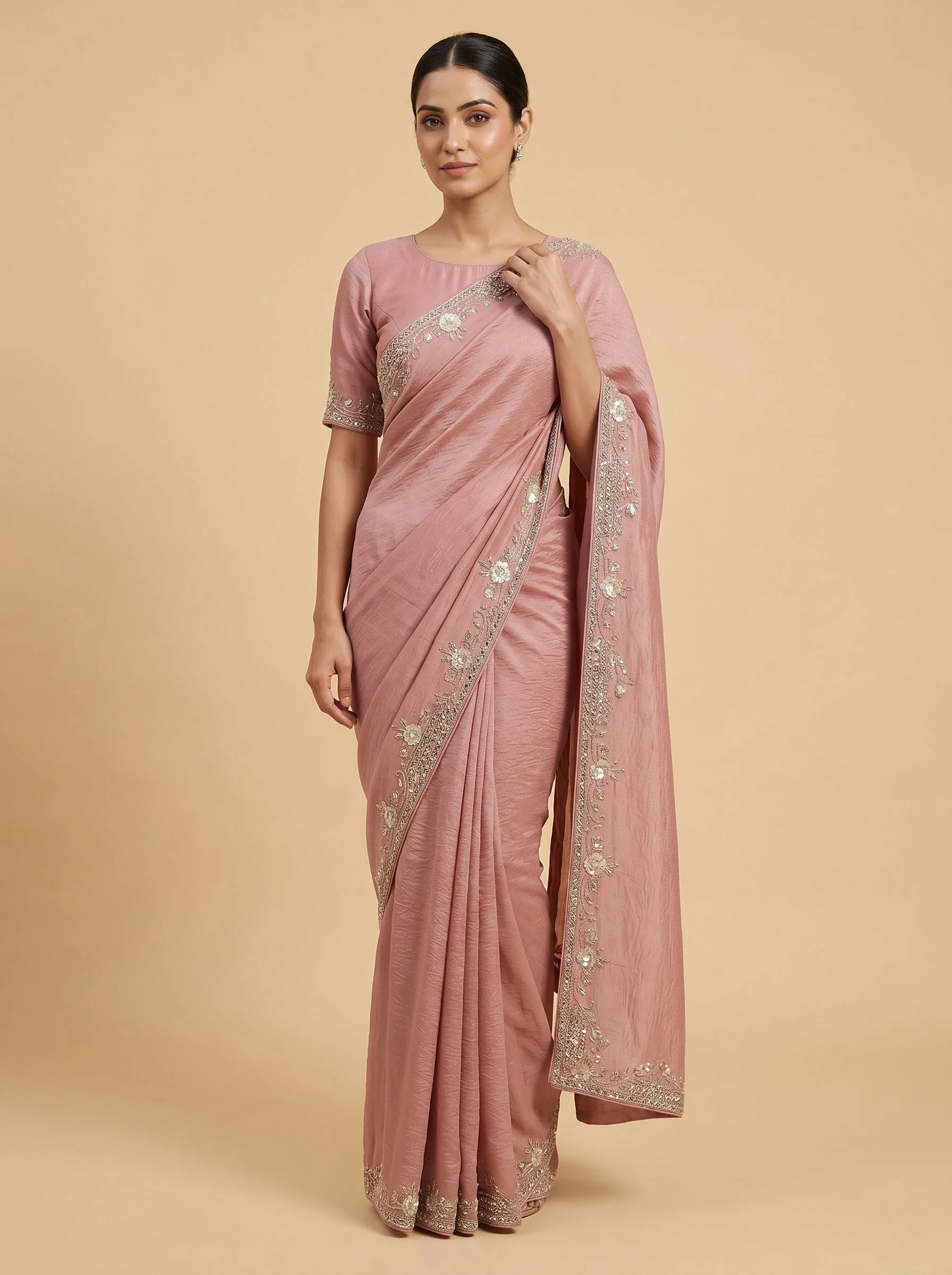 Peach Apricot Shine Embroidered Saree