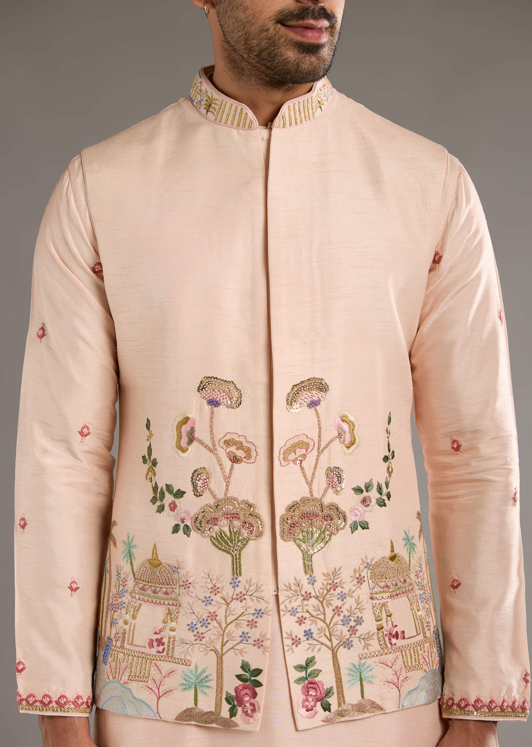 Peach Banarasi Silk Kurta Jacket Set For Men With Heavy Hand Embroidery - Image 2