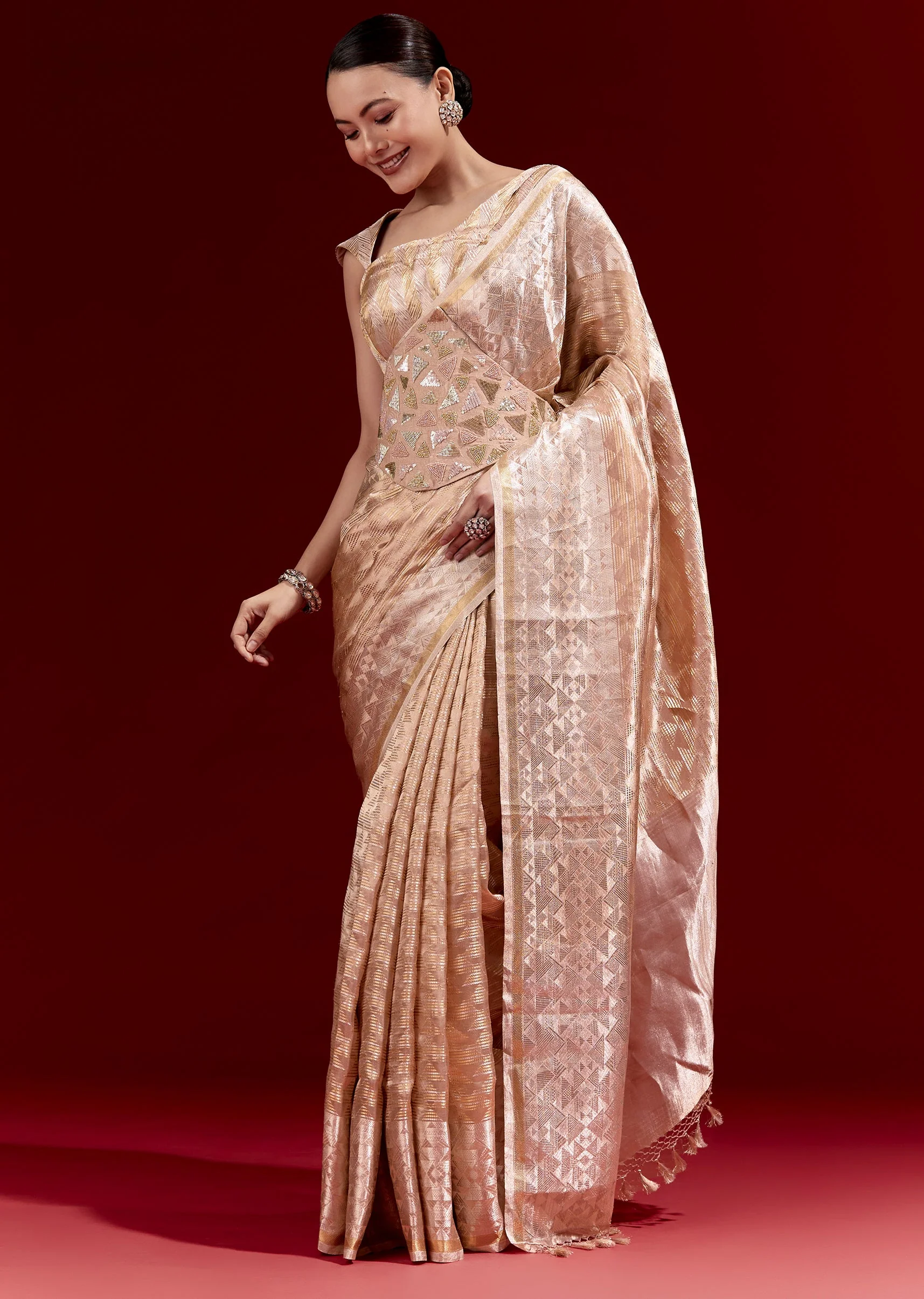 Peach Banarasi Tissue Saree With Broad Border Geometric Stripes And Embroidered Belt