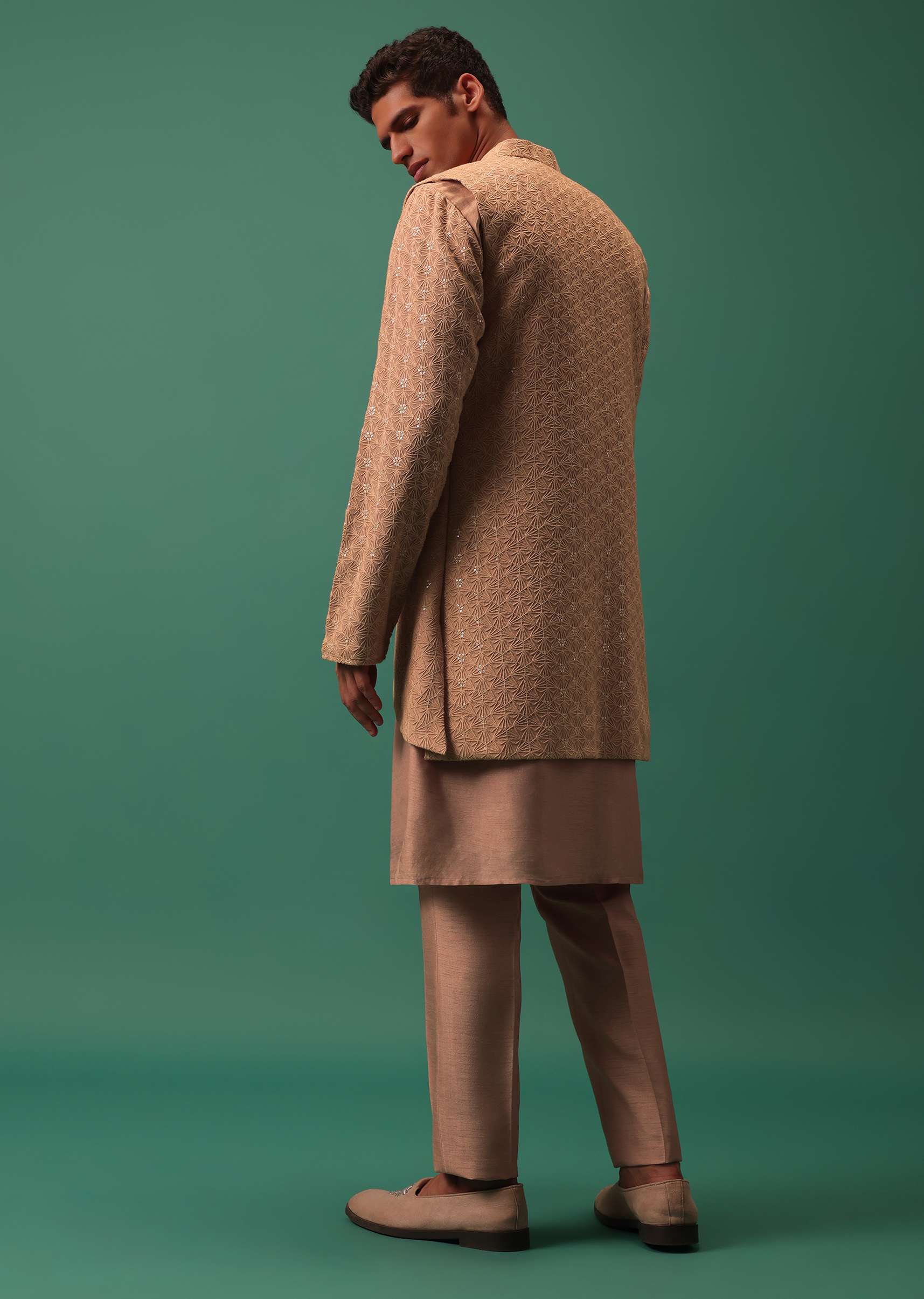 Peach Bandi Set In Dyed Cotton With Long Detailed Kurta - Image 2