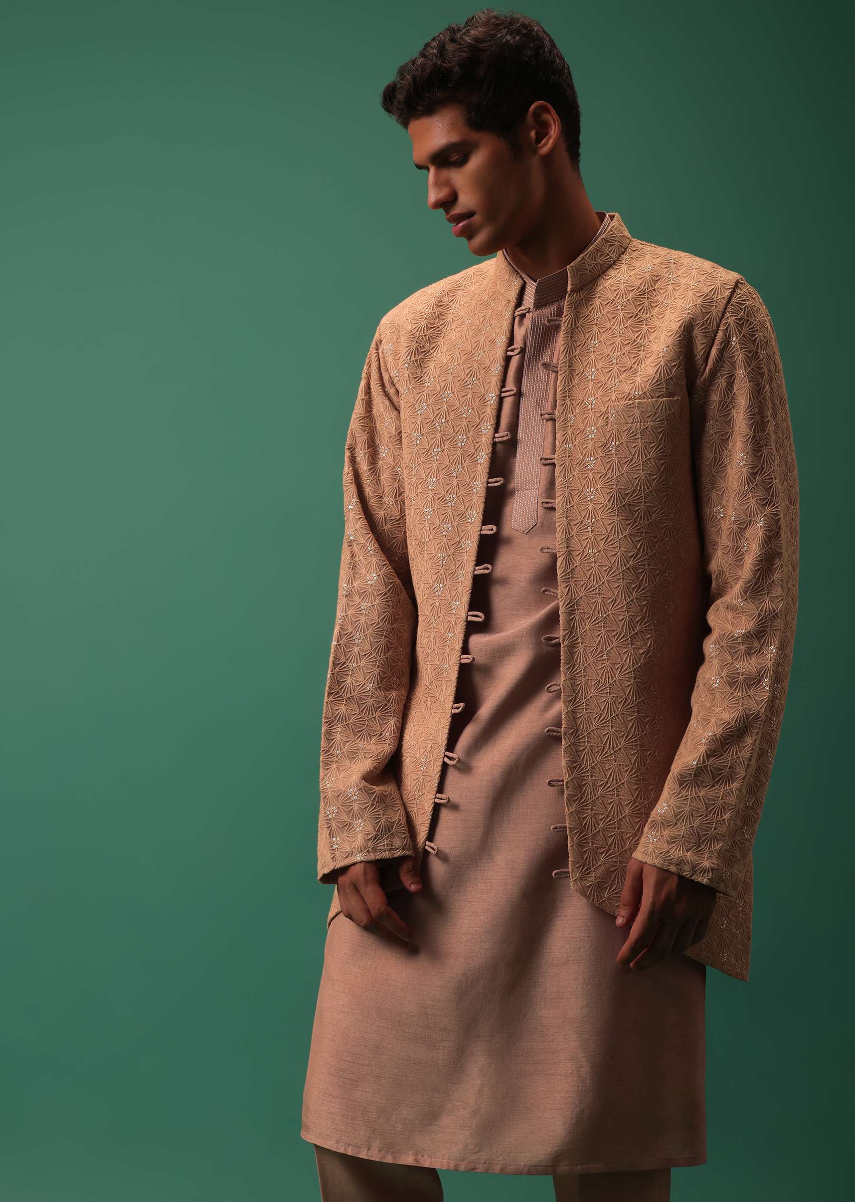 Peach Bandi Set In Dyed Cotton With Long Detailed Kurta - Image 5