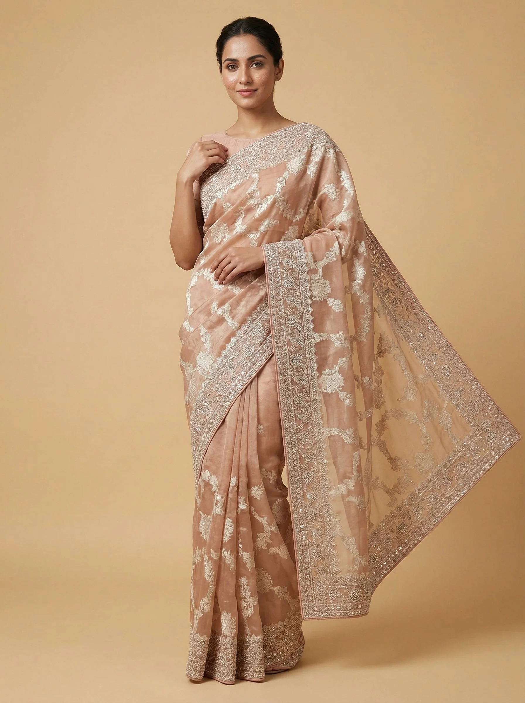 Peach Blossomed Embroidered Saree