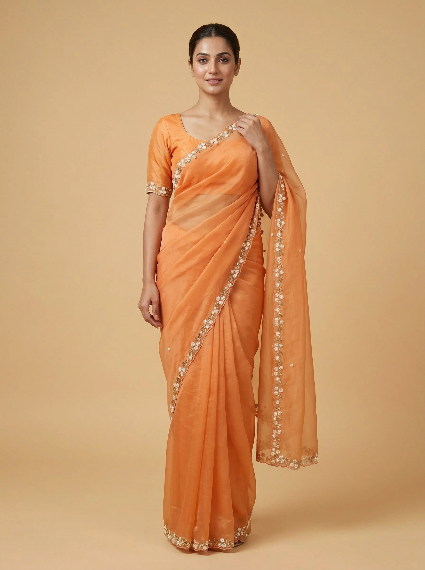 Peach Blue Blended Embroidered Saree
