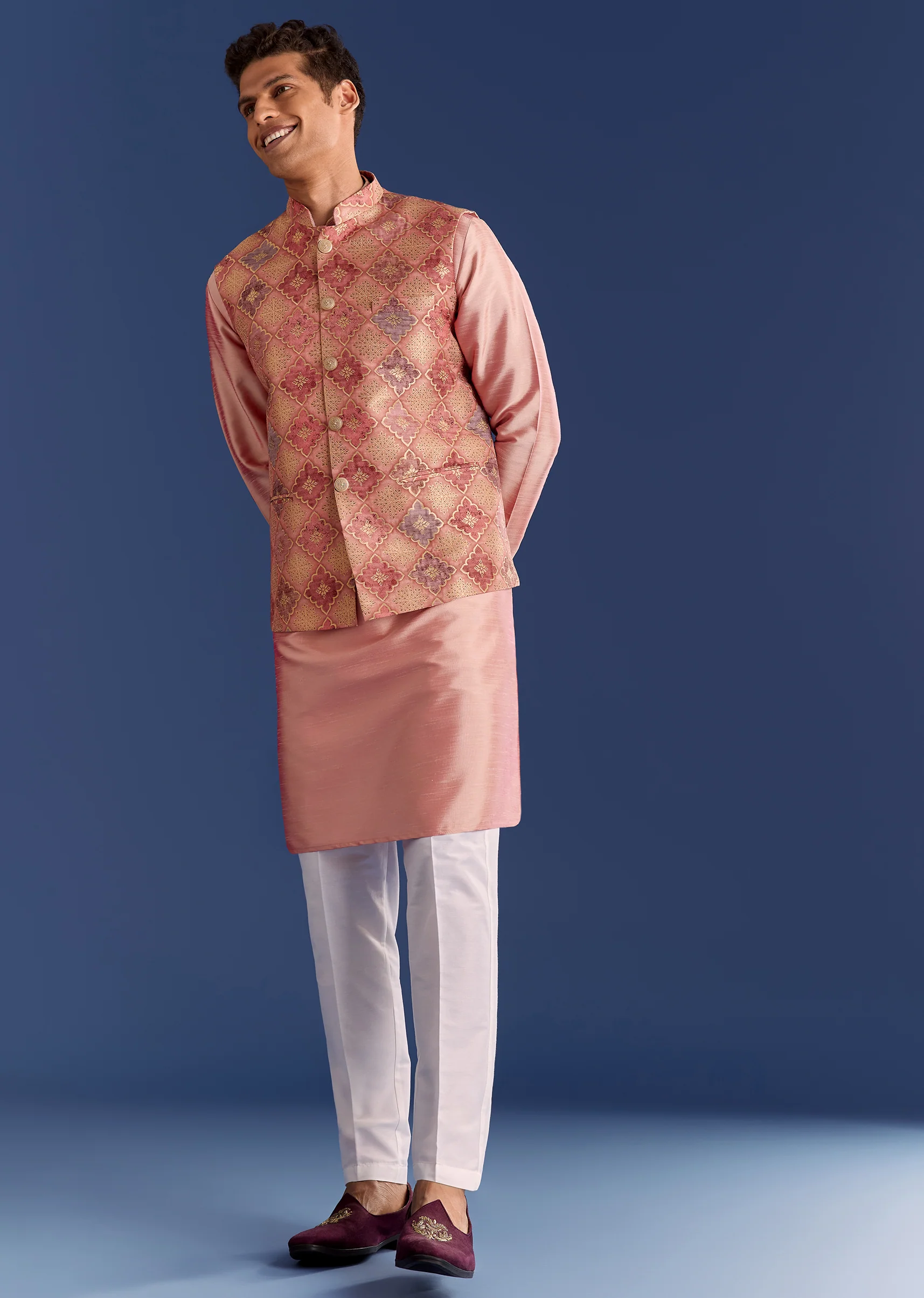 Peach Brocade Kurta Jacket Set With Geometric Print - Image 3