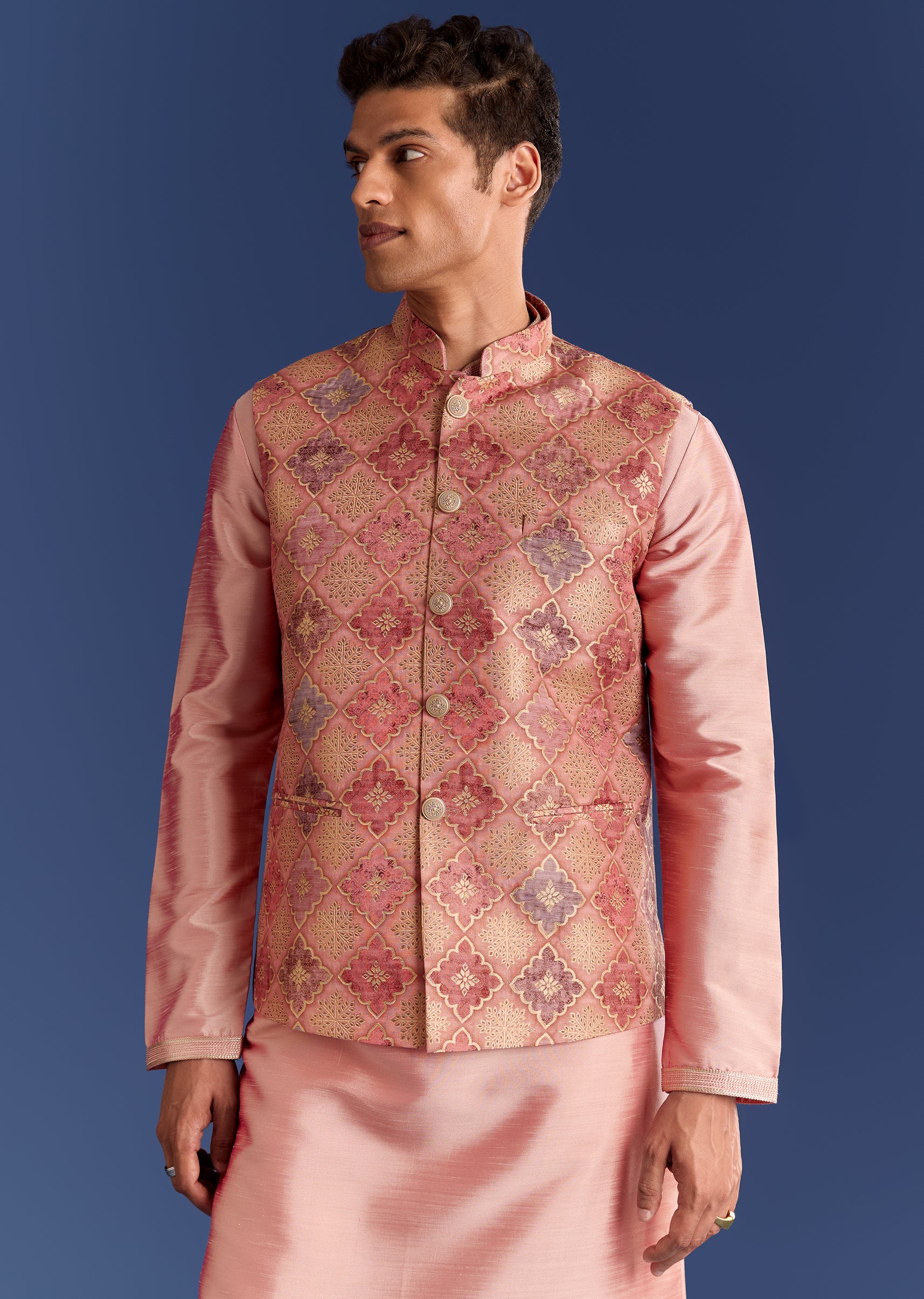 Peach Brocade Kurta Jacket Set With Geometric Print - Image 4