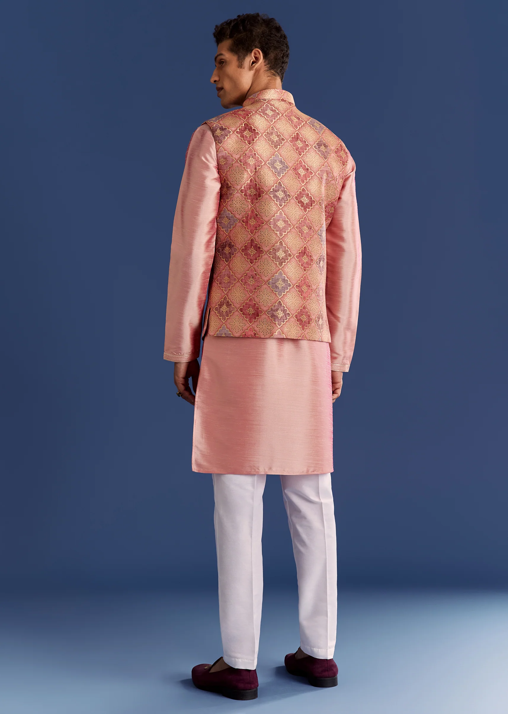 Peach Brocade Kurta Jacket Set With Geometric Print - Image 5