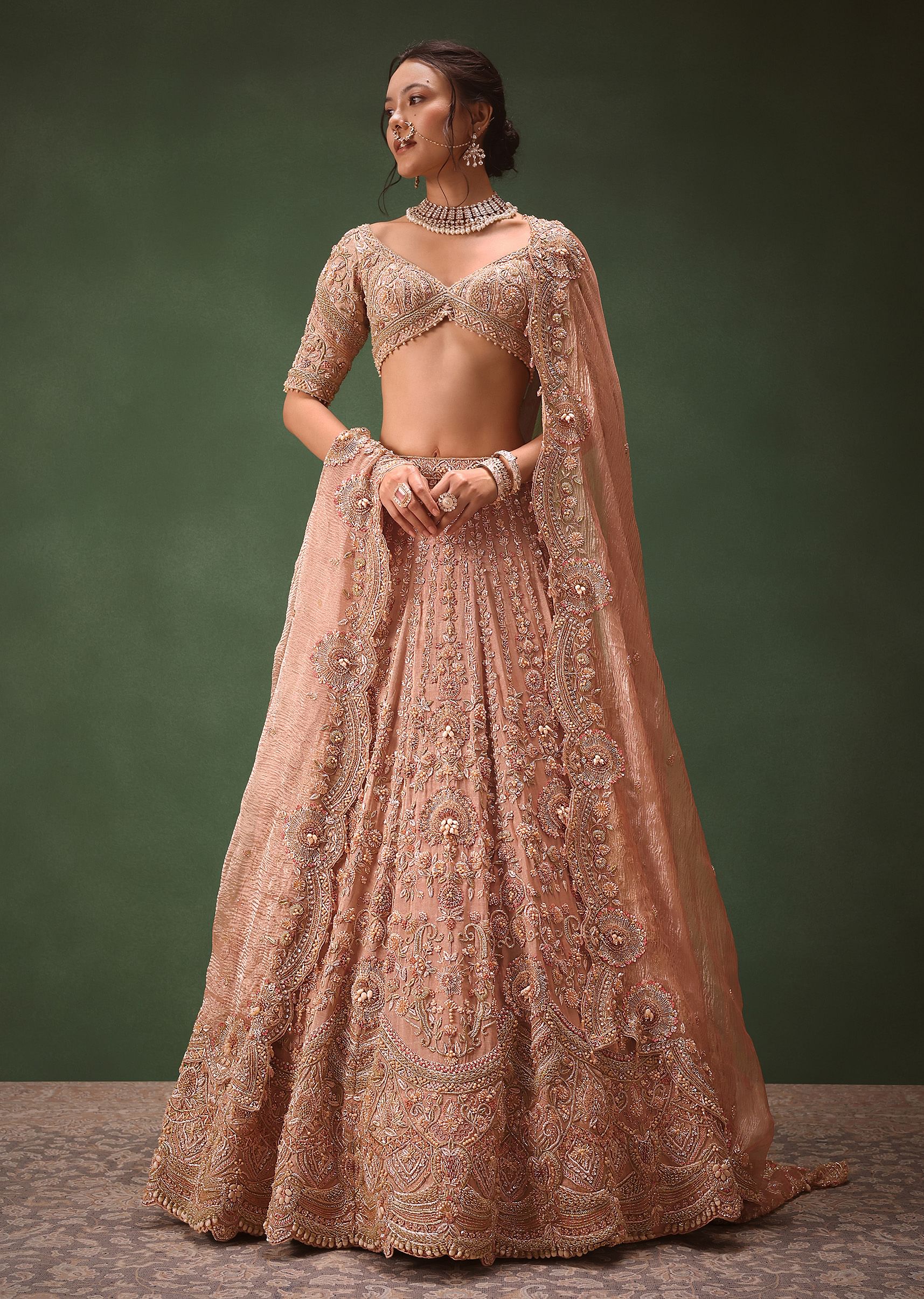 Peach Chanderi Brocade Embroidered Bridal Lehenga With Two Dupattas - Image 6