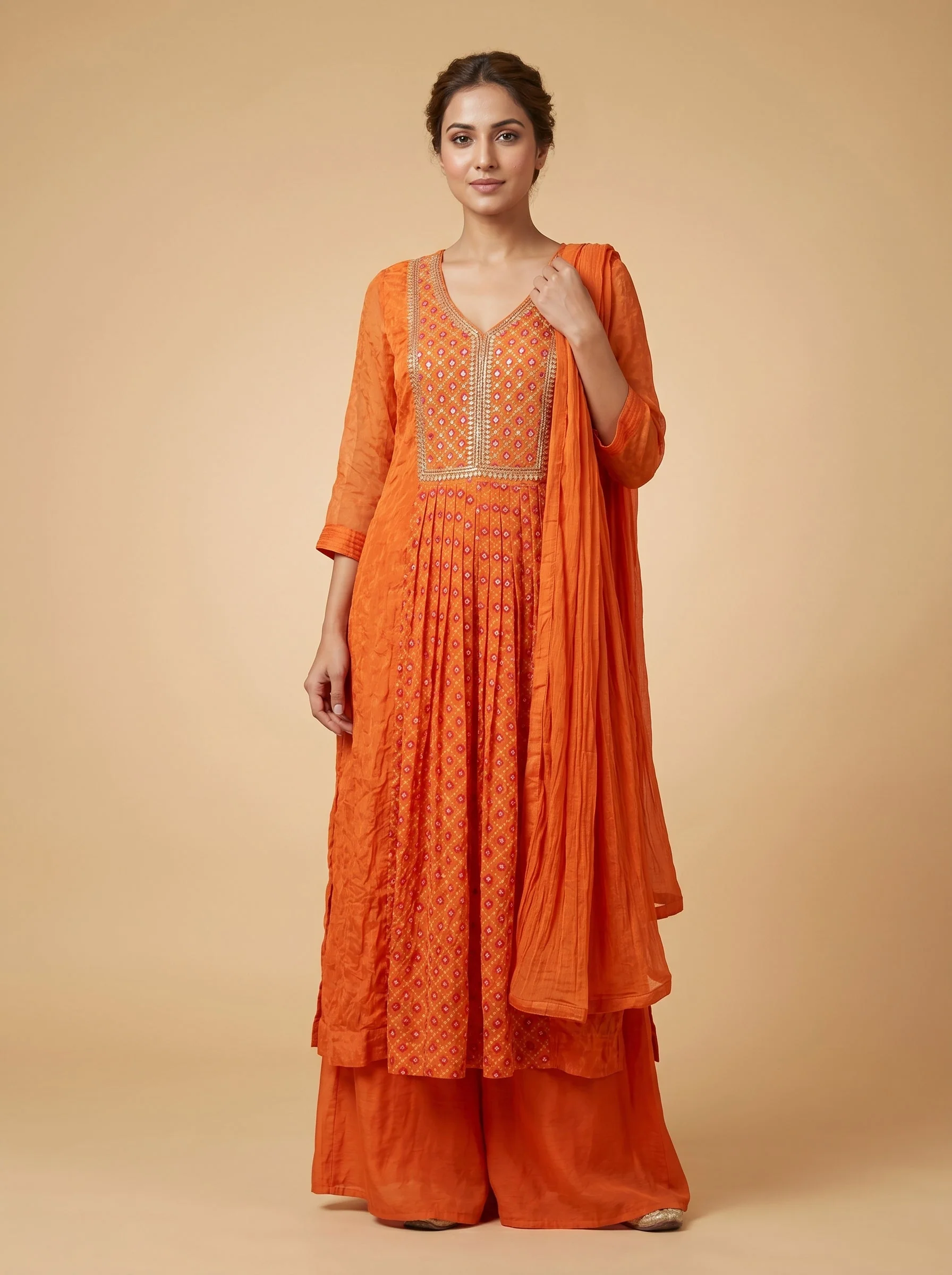 Peach Chanderi Schiffli Anarkali Suit
