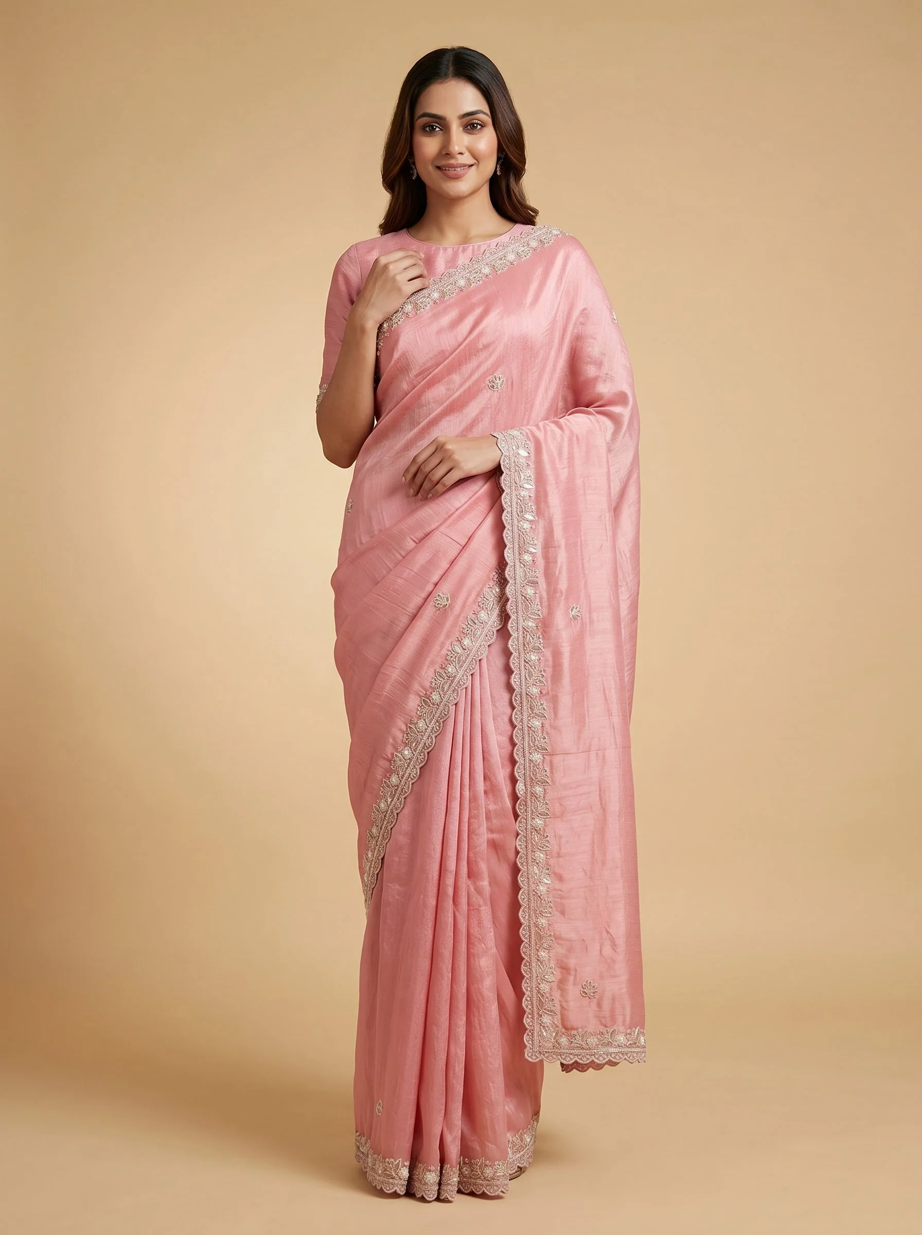 Peach Coral Blush Embroidered Saree