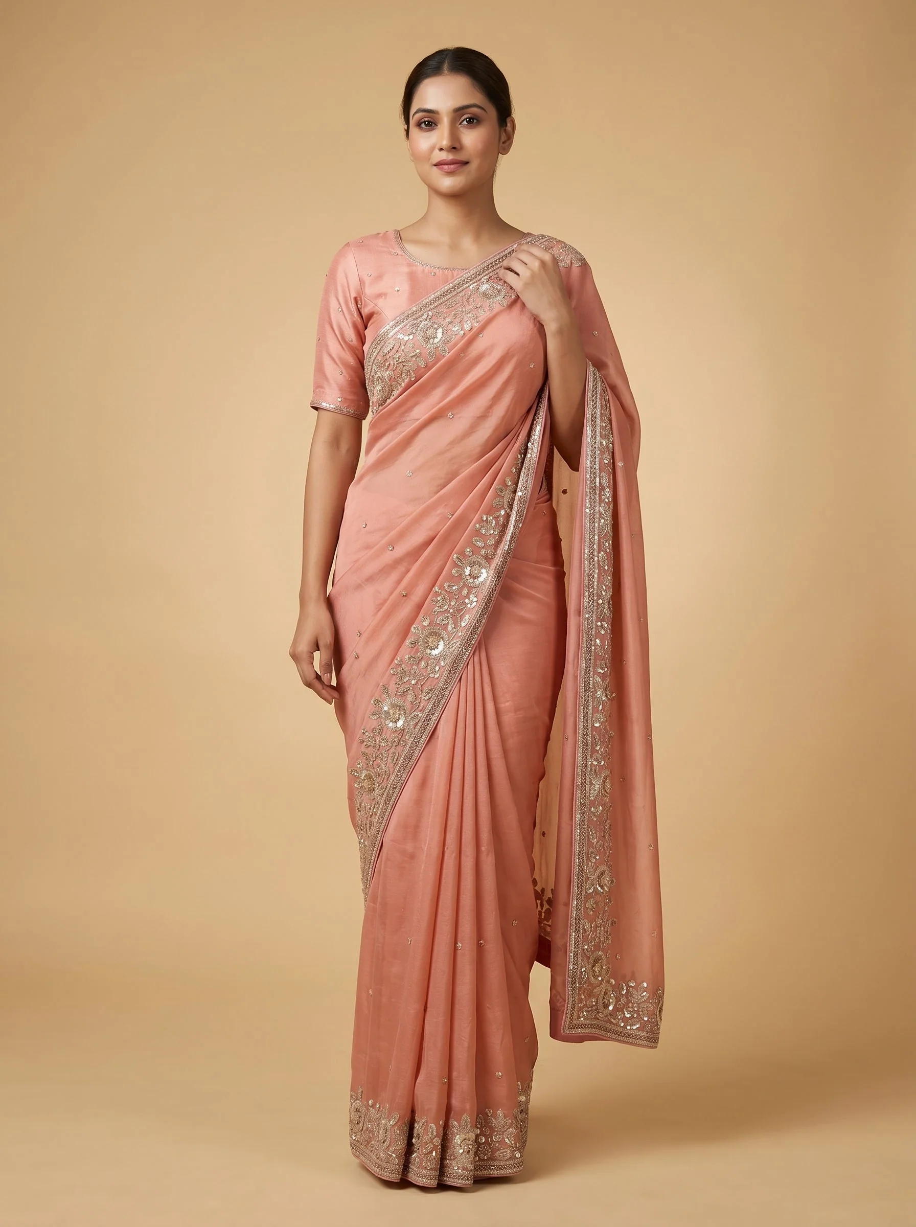 Peach Coral Glow Embroidered Saree