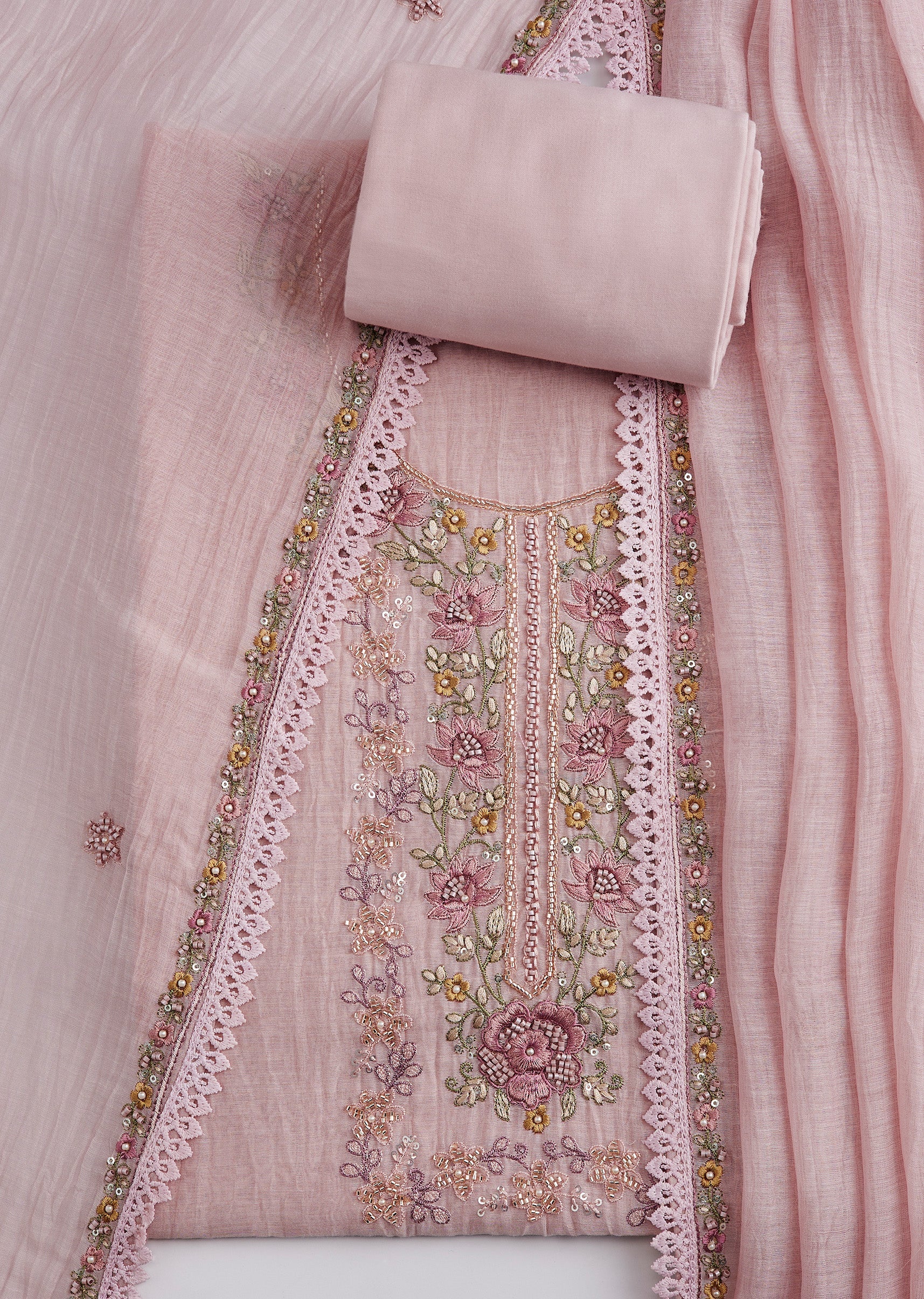 Peach Cotton Embroidered Unstitched Suit Set With Dupatta