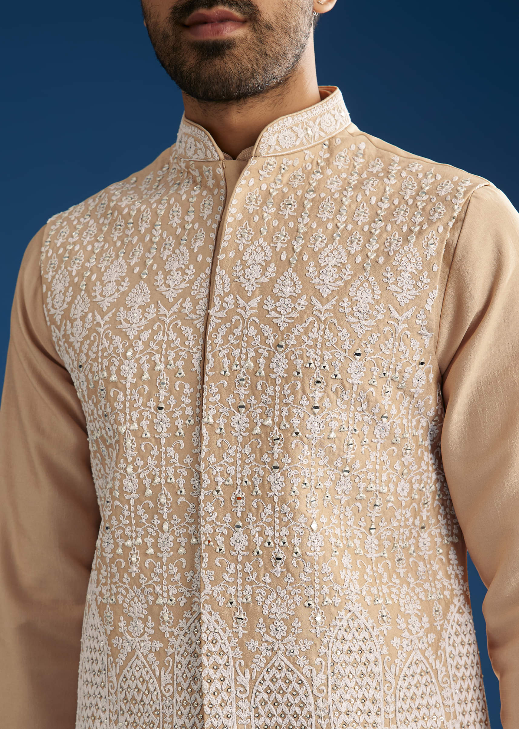 Peach Cotton Silk Jacket Kurta Set With Mirror And Dori Work - Image 2