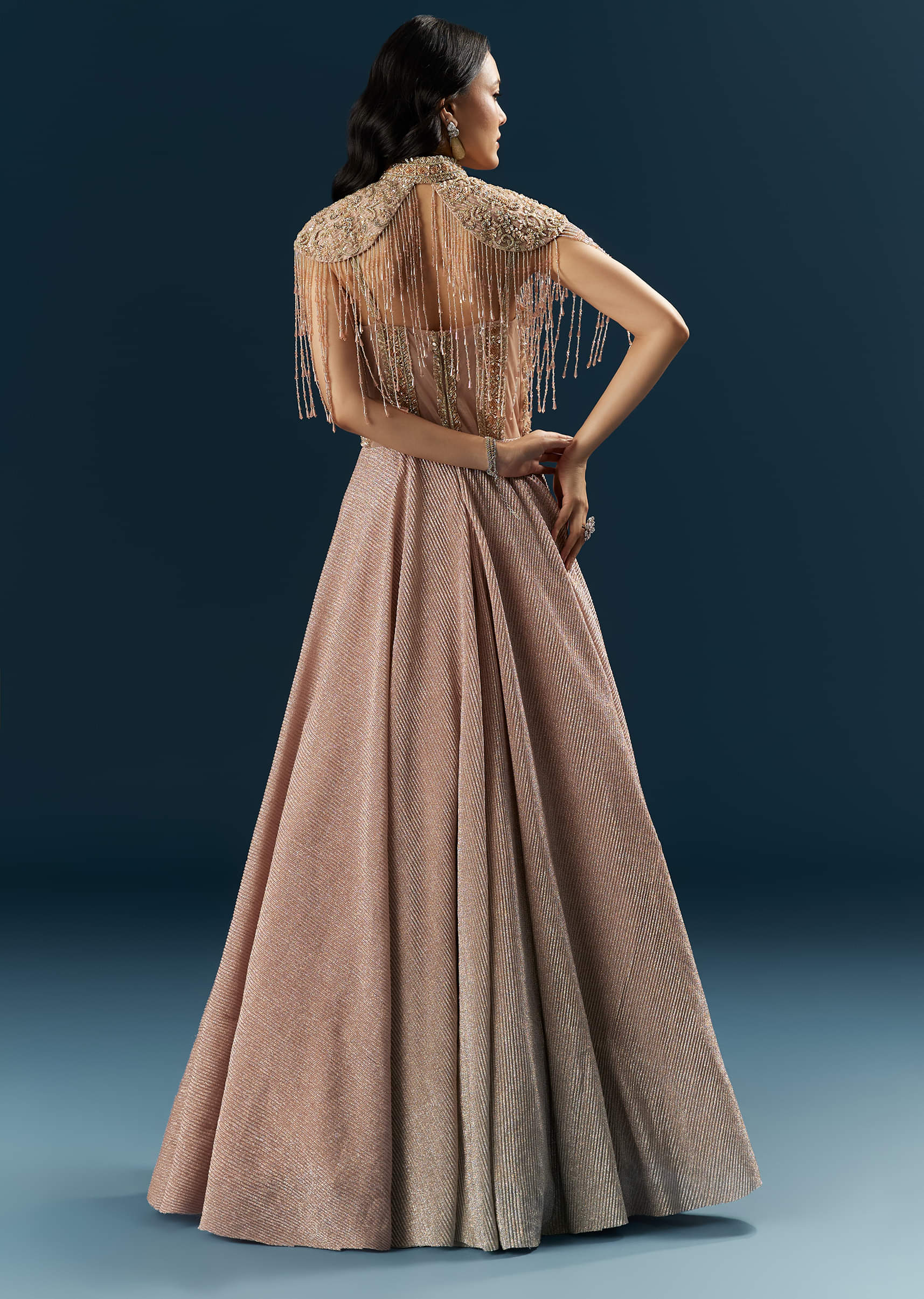 Peach Crepe Bridal Gown With Heavy Embroidery - Image 2