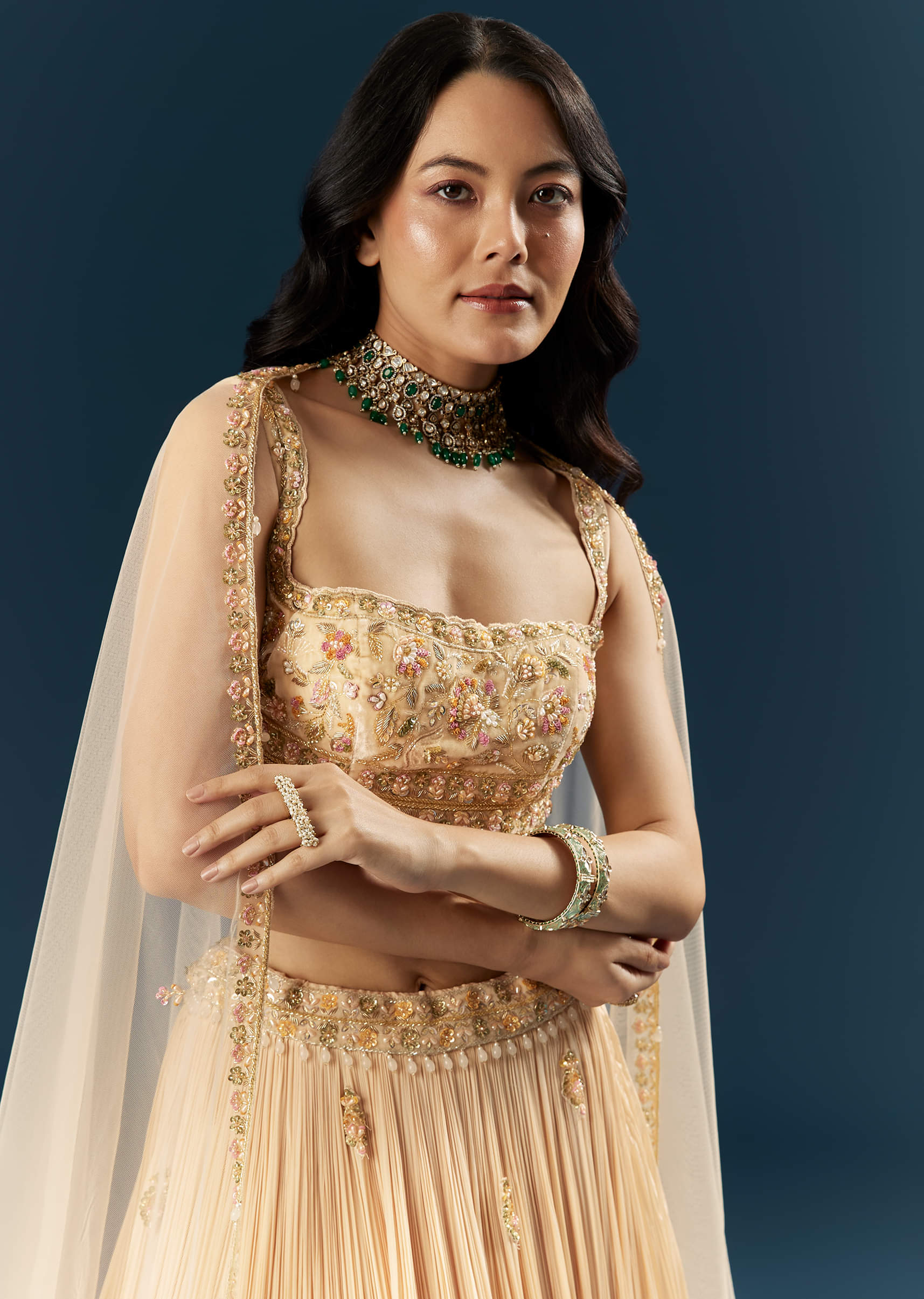 Peach Crepe Bridesmaid Lehenga With Heavy Embroidery - Image 3