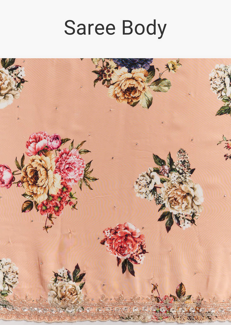 Peach Crepe Saree With Multicolor Floral Print And Embroidered Border - Image 10