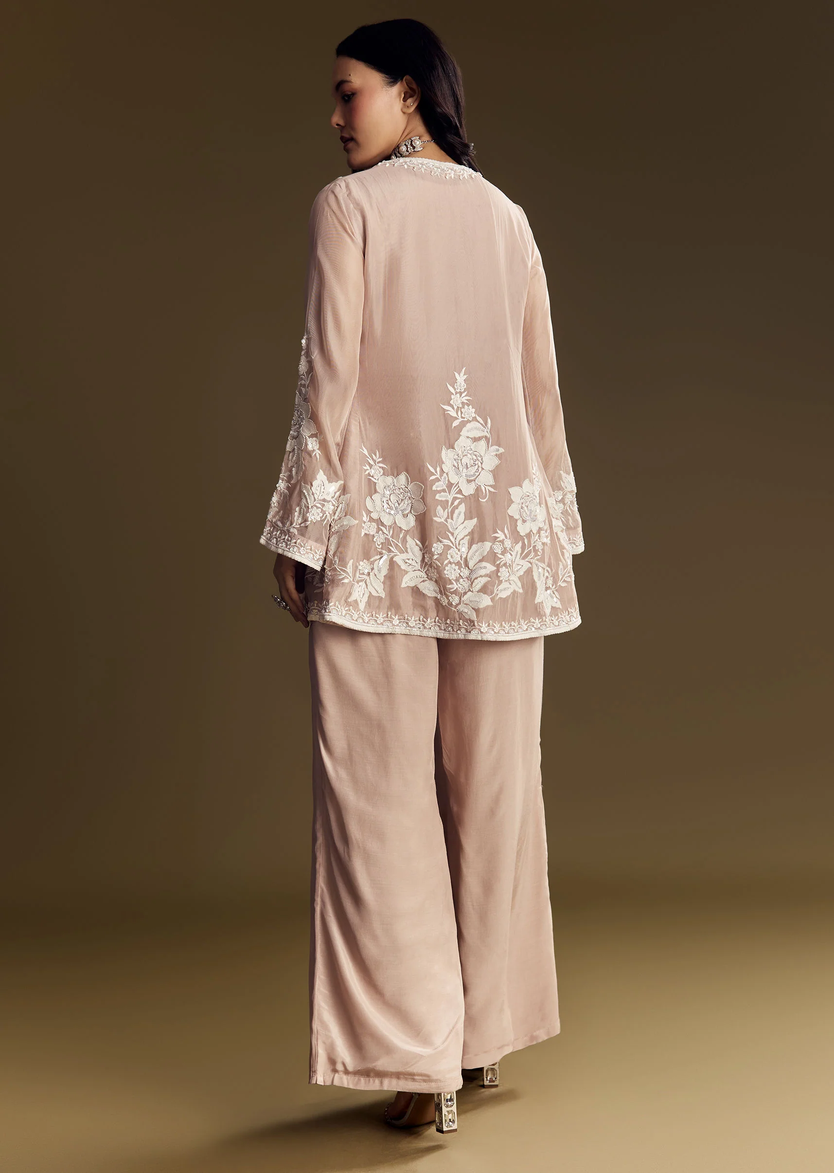 Peach Crop Top Set With Embroidered Organza Jacket - Image 5