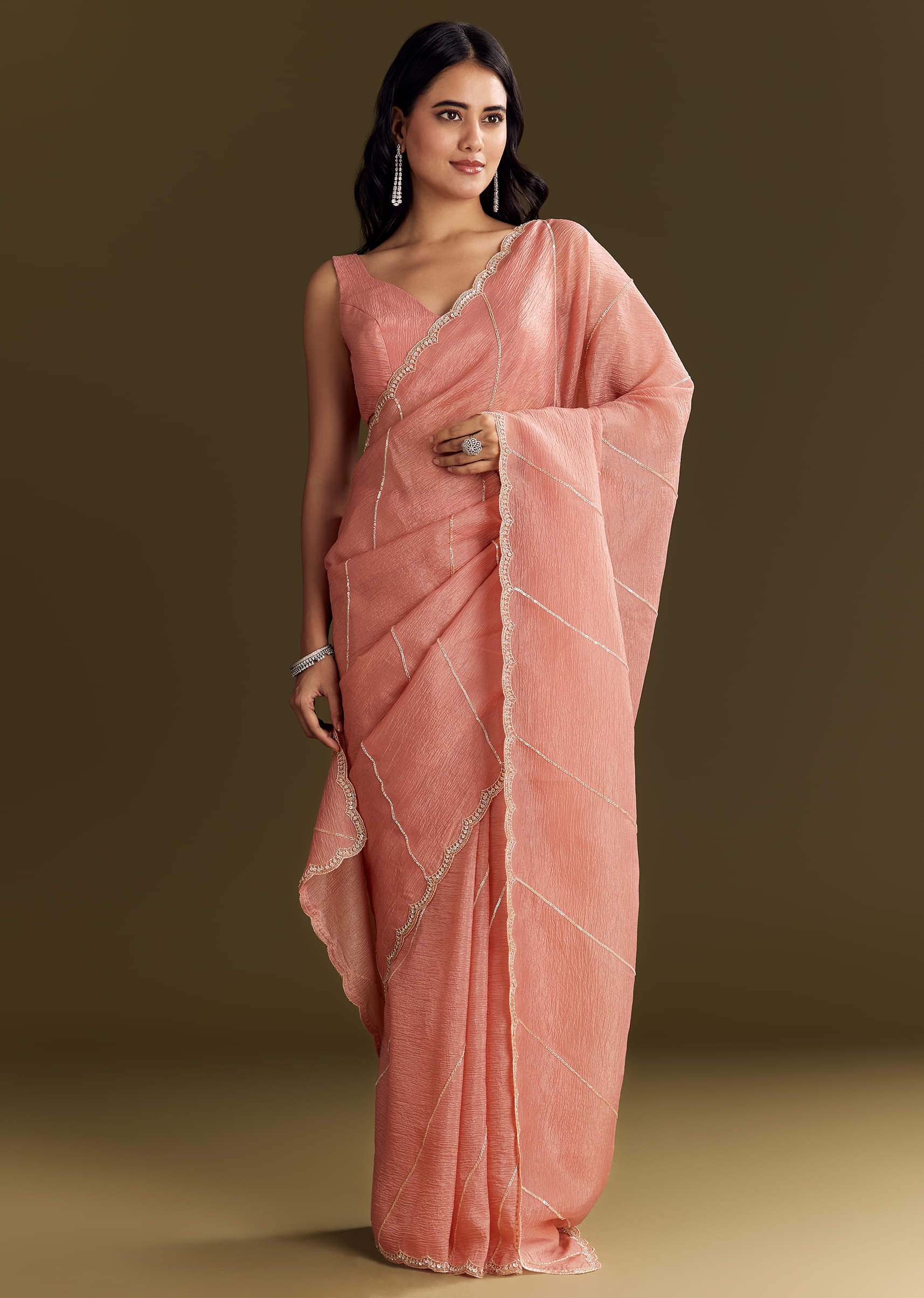Peach Crush Tissue Saree With Cutdana And Beads Scallop Border - Image 2
