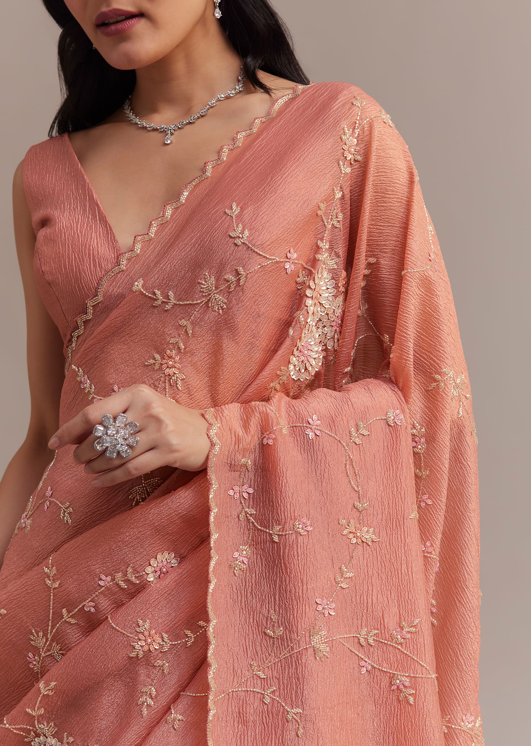 Peach Crushed Tissue Saree With Cutdana And Sequins Jaal Work - Image 5